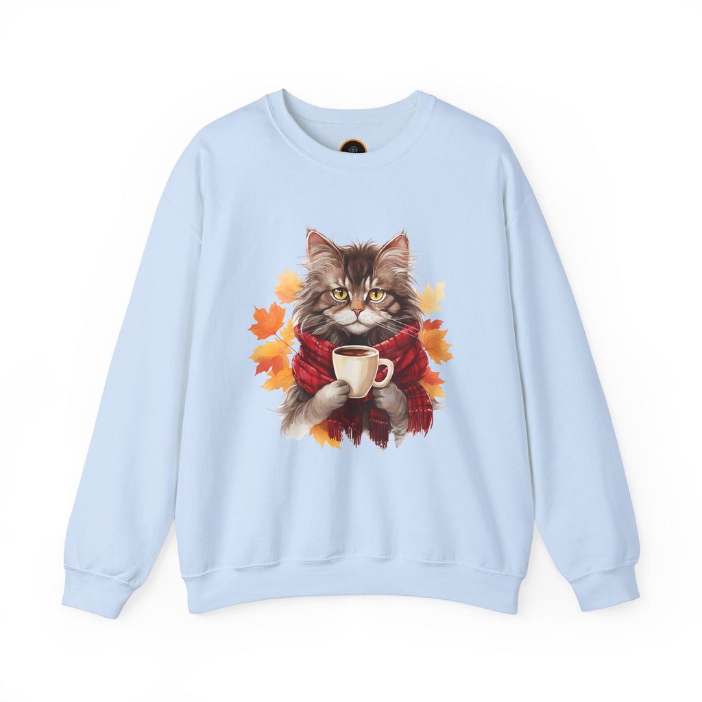 Autumn Kitty Crewneck Sweatshirt image: A cat graphic wearing a scarf and holding a hot drink, positioned within a design of fall leaves.