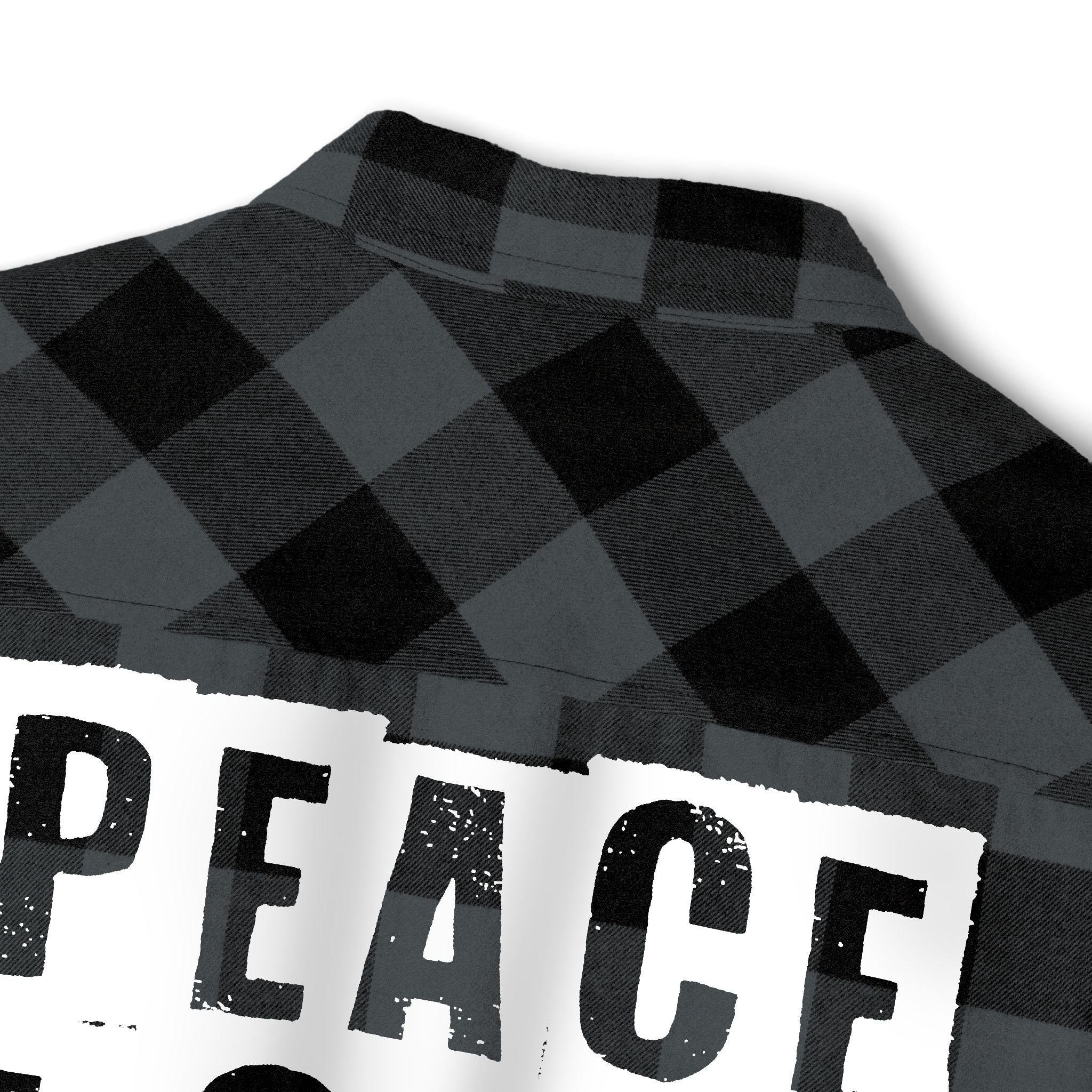 Back view of a charcoal heather and black 'Peace, Love, Rescue' Flannel Shirt, with the phrase 'Peace, Love, Rescue' printed in bold across the back.
