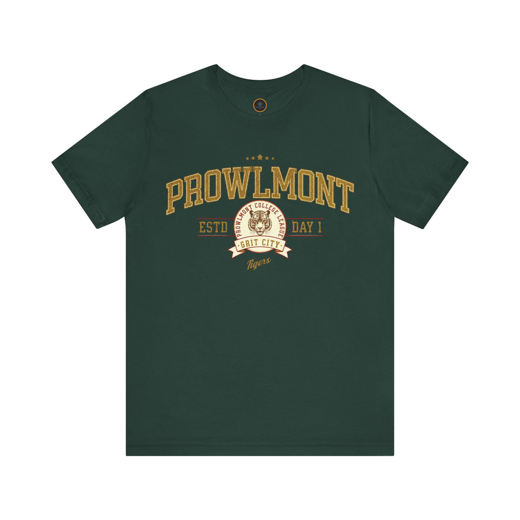 Green varsity style t-shirt with 'Prowlmont Grit City Tigers' text and tiger logo on a white background