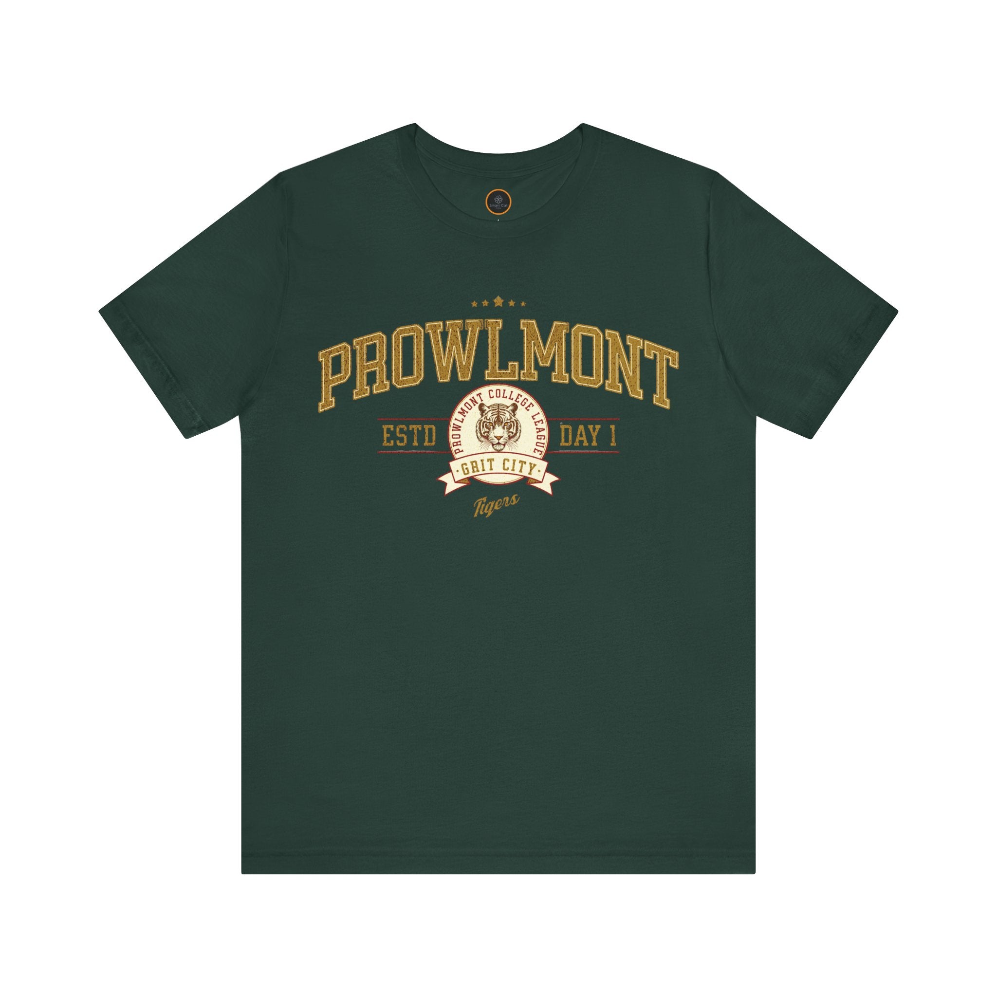 Green varsity style t-shirt with 'Prowlmont Grit City Tigers' text and tiger logo on a white background