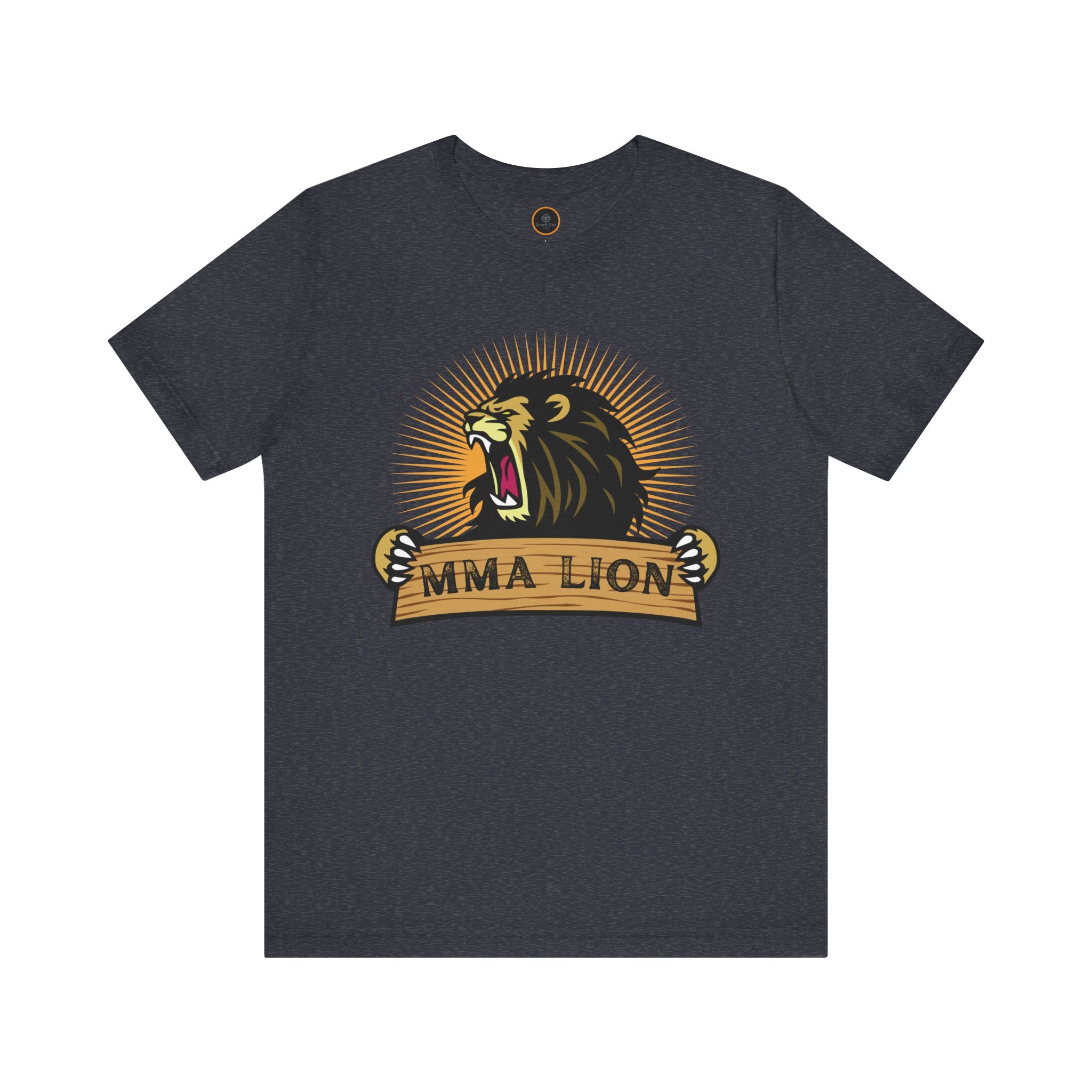 MMA Lion T-shirt: Features a graphic of a powerful, radiant, male lion roaring while appearing to stretch a wooden plank with "MMA Lion" written on it.