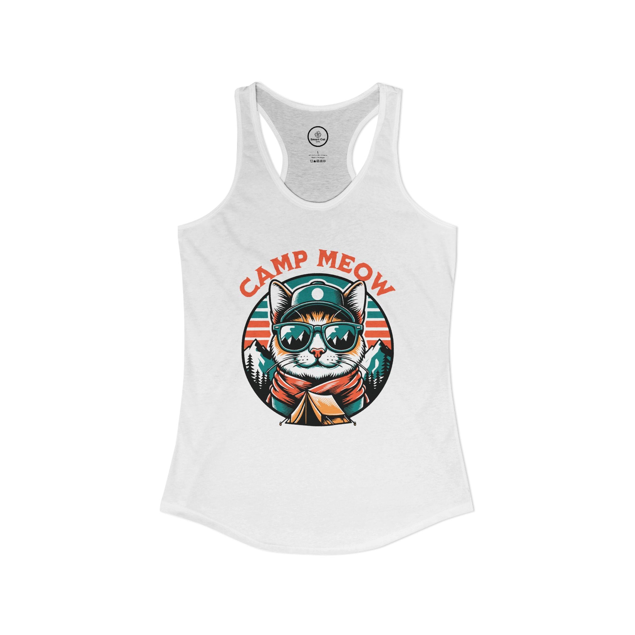 White tank top with a cat graphic and 'Camp Meow' text. 