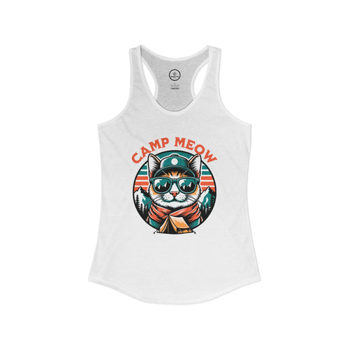 White tank top with a cat graphic and 'Camp Meow' text. 
