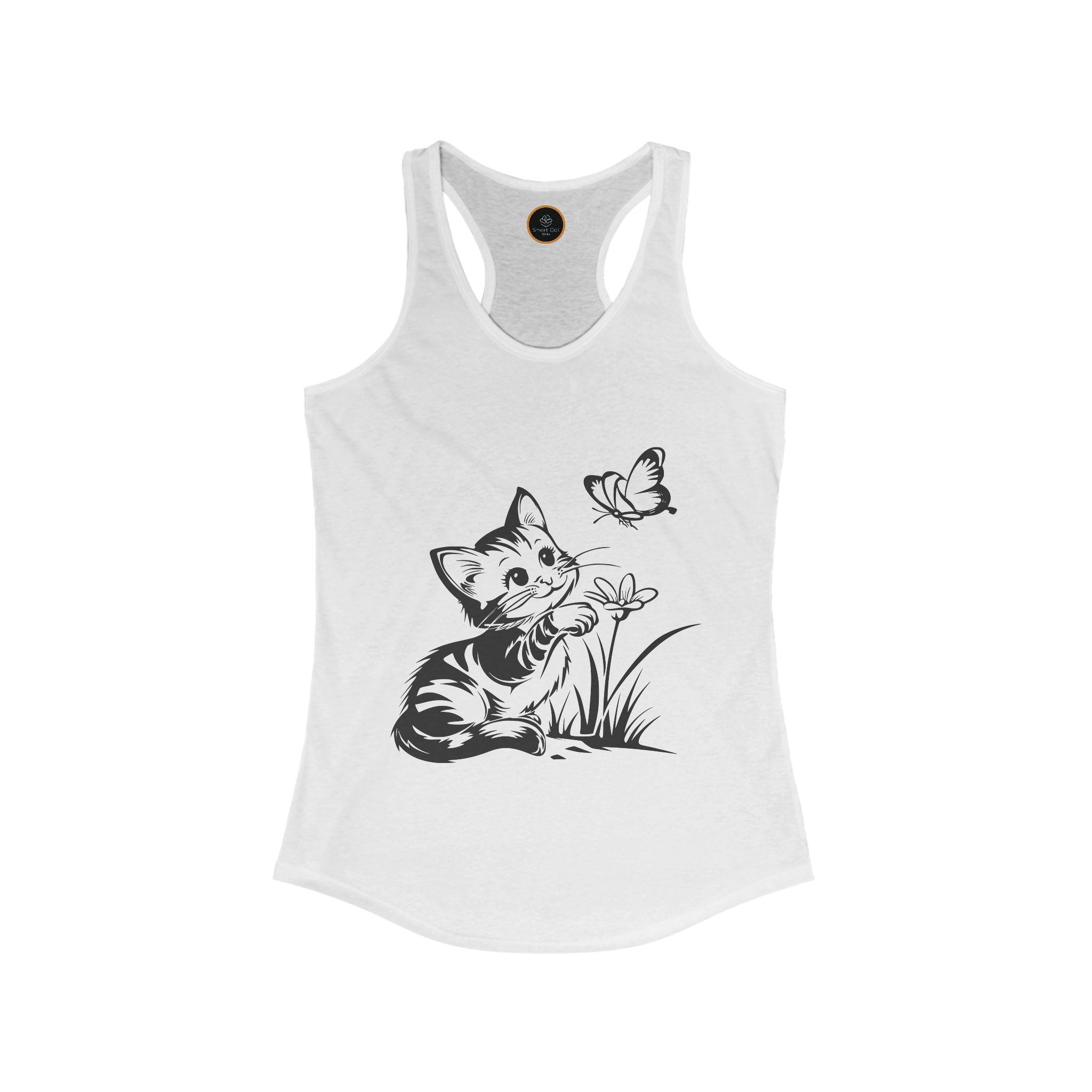 Image of the Butterfly Kitty Women's Racerback Tank Top, with a black line art drawing of a kitten trying to catch a butterfly.