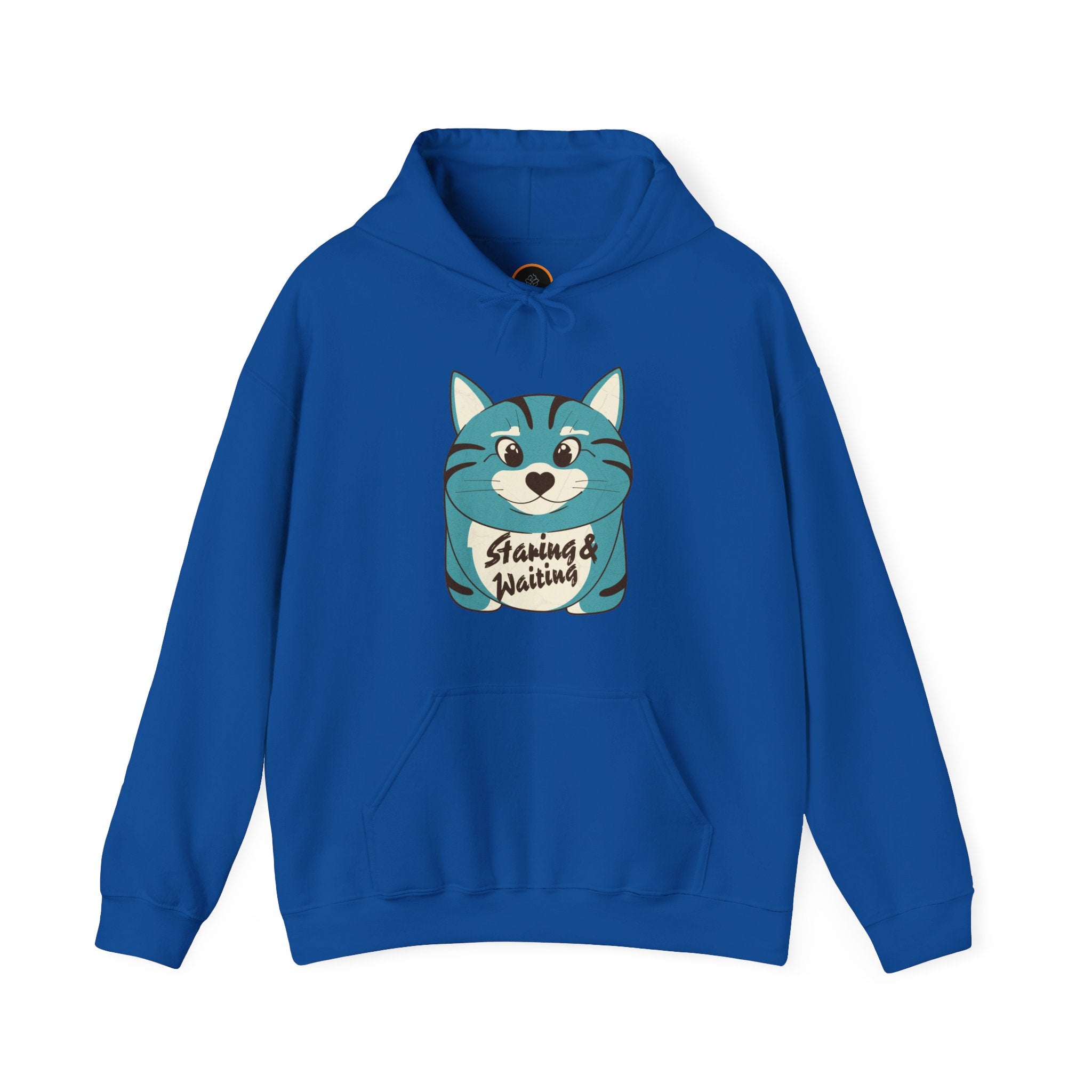 Royal blue "Staring and Waiting" Hoodie: Features a cartoon graphic of a wide-eyed cat on the front, with the text "staring and waiting" written across its belly.