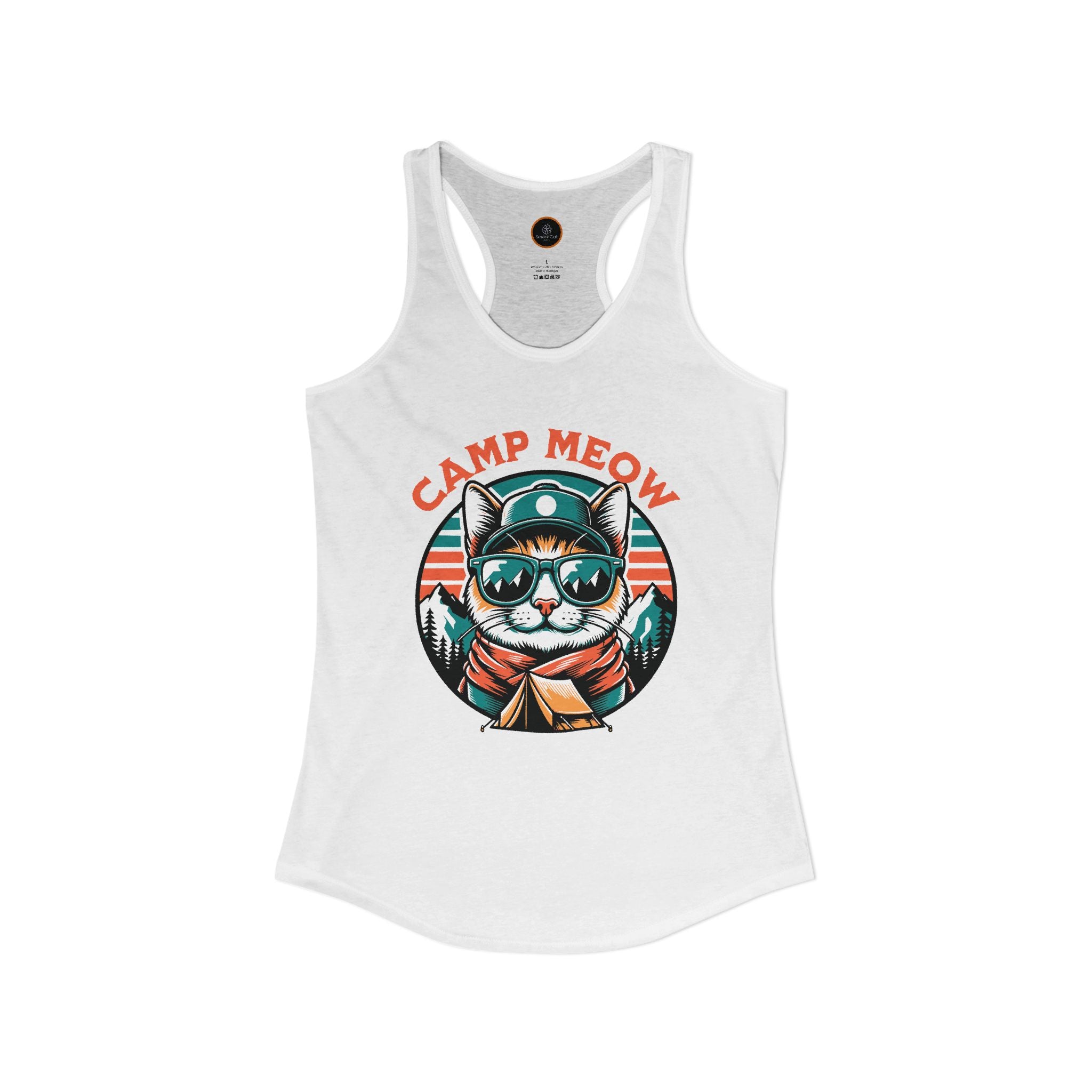 White Camp Meow Racerback Tank — retro cat in sunglasses and scout uniform, mountain landscape behind.