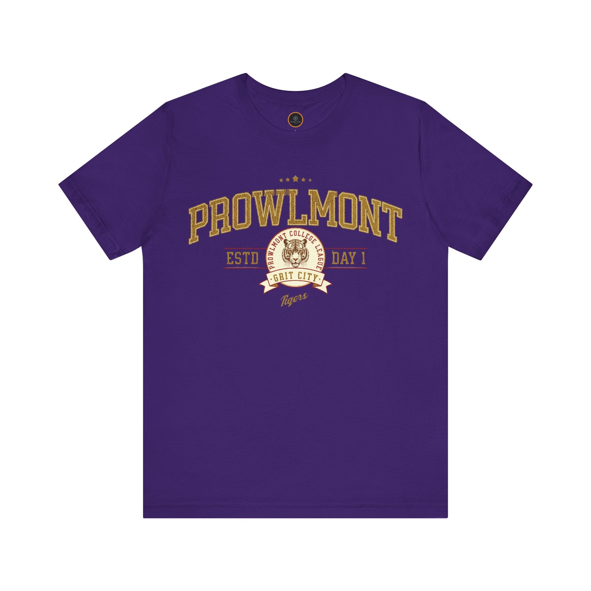 Purple varsity style t-shirt with 'Prowlmont Grit City Tigers' text and tiger logo on a white background