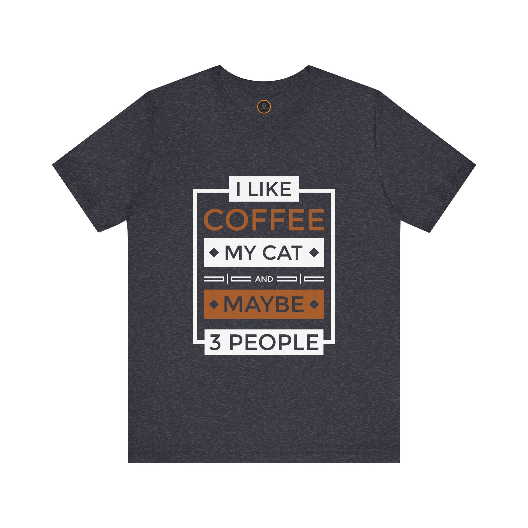 T-shirt with a text graphic on the front that reads "I like coffee my cat and maybe 3 people."