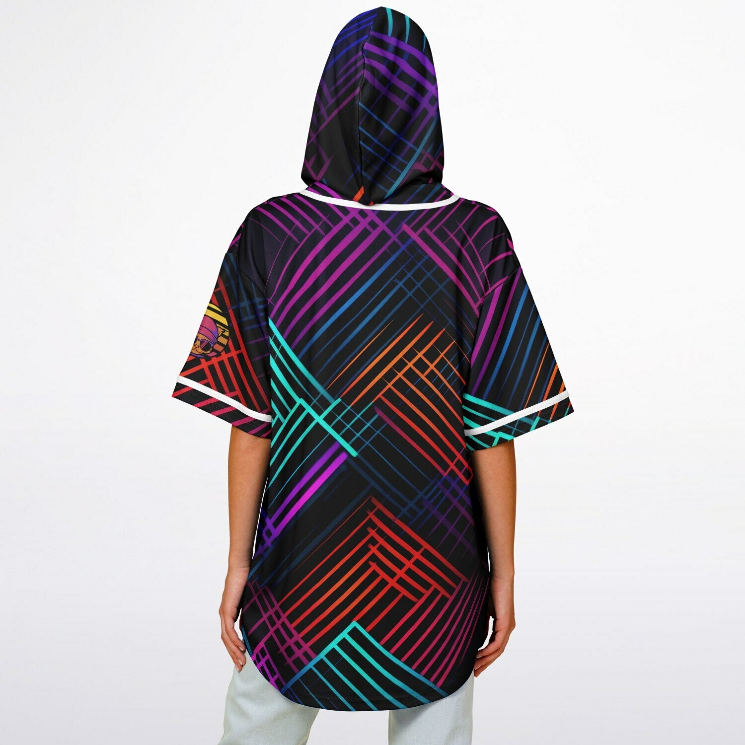 Retro Glow Hooded Baseball Jersey featuring a blend of vintage-inspired colors and a cool cat design on the left sleeve. 