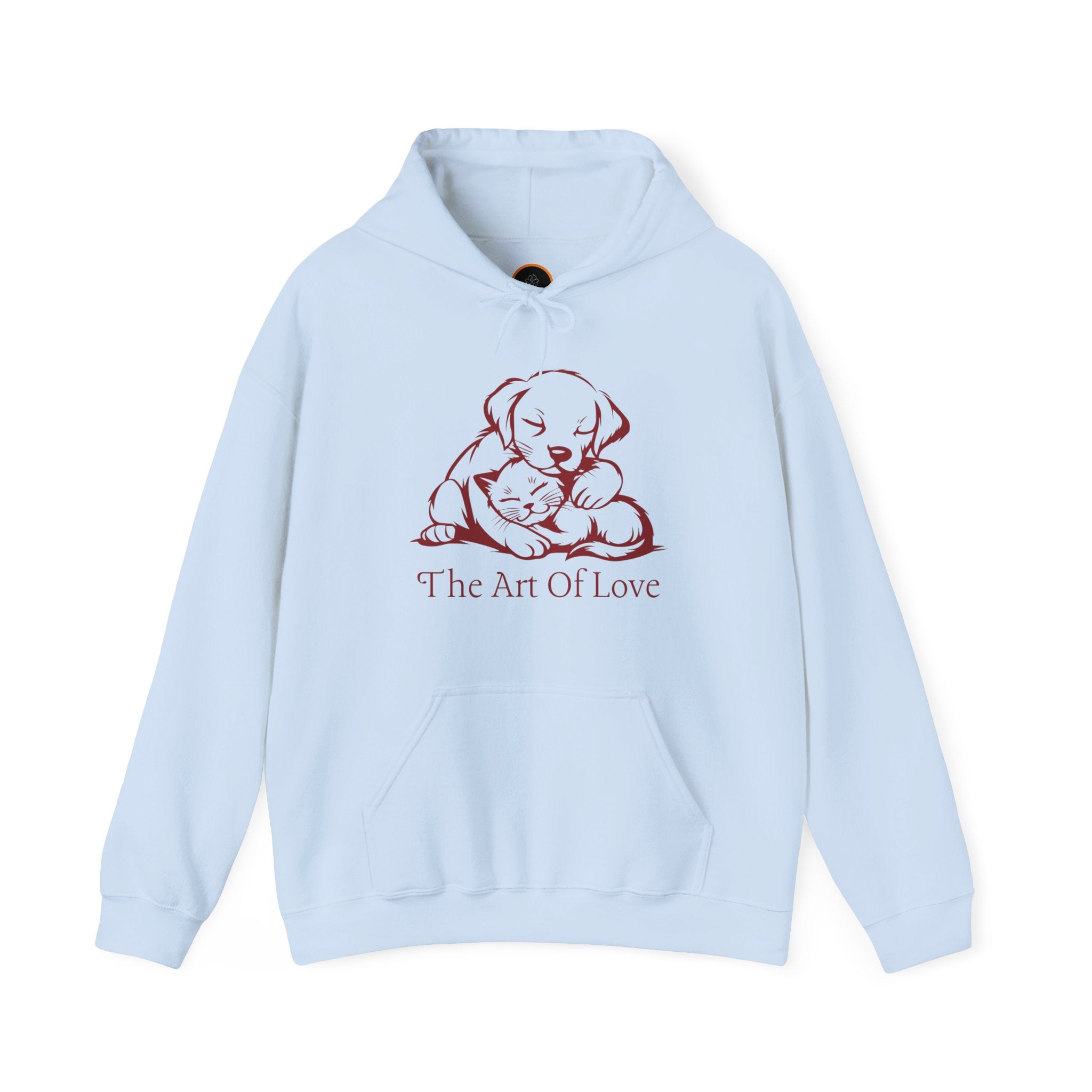 "The Art Of Love" Hoodie: Features a simple line art drawing of a puppy gently embracing a kitten. Below the illustration is the text "the art of love" 