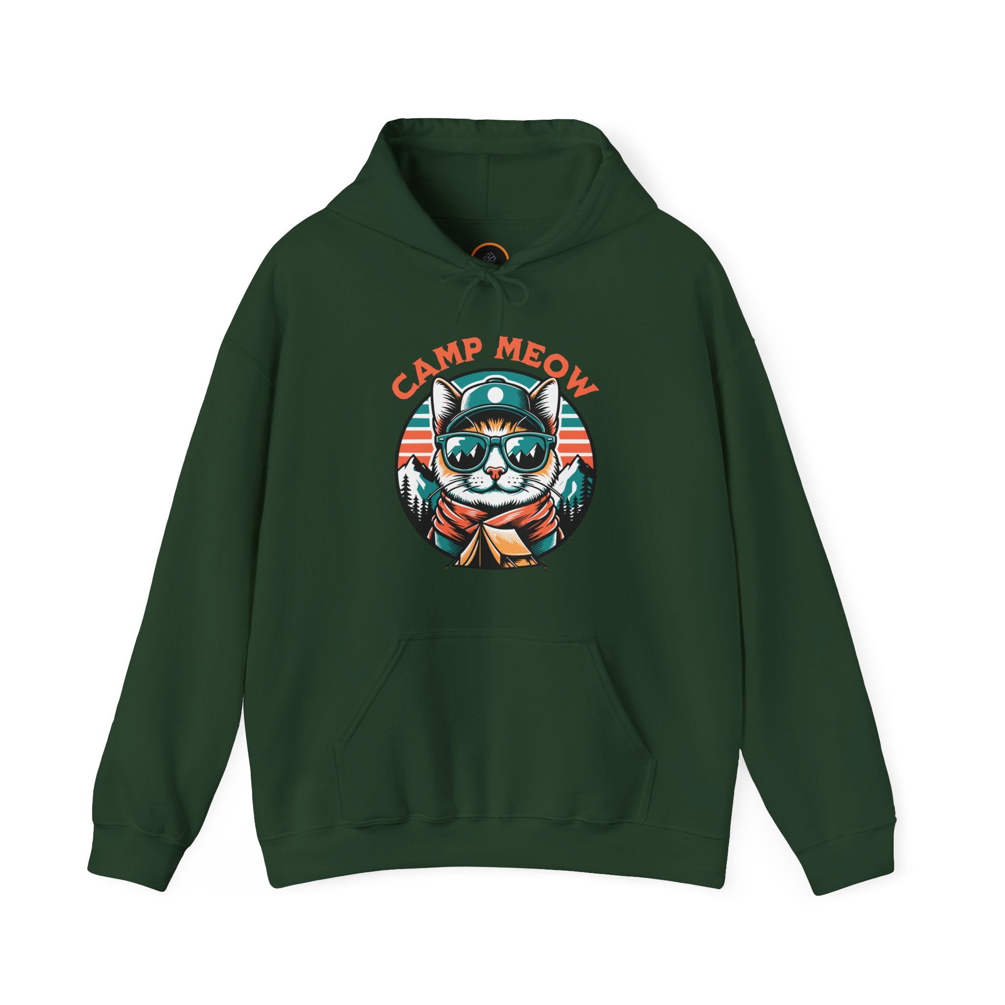 Camp Meow Forest Green Hoodie: Retro illustration of a cat wearing sunglasses and a scout uniform, standing in front of a mountain landscape.