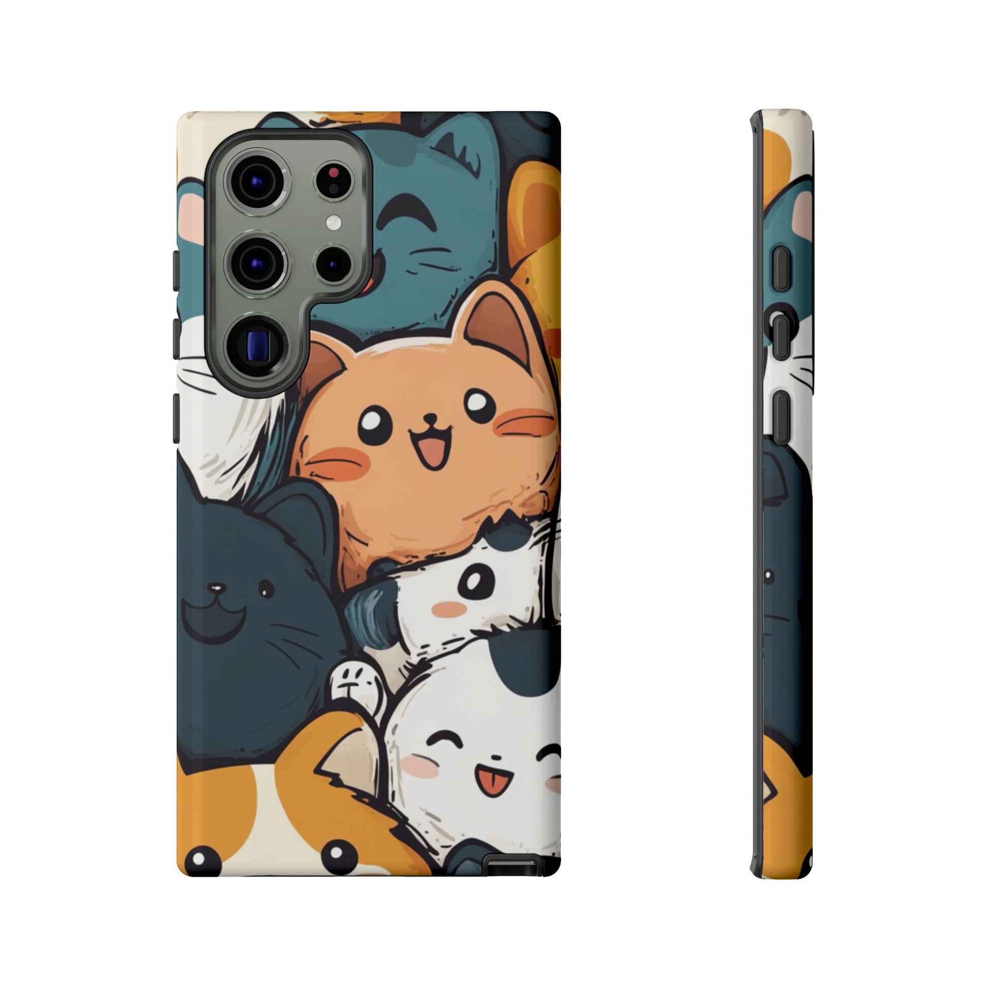 Multi-colored phone case with clustered, smiling Kawaii-style cat faces.