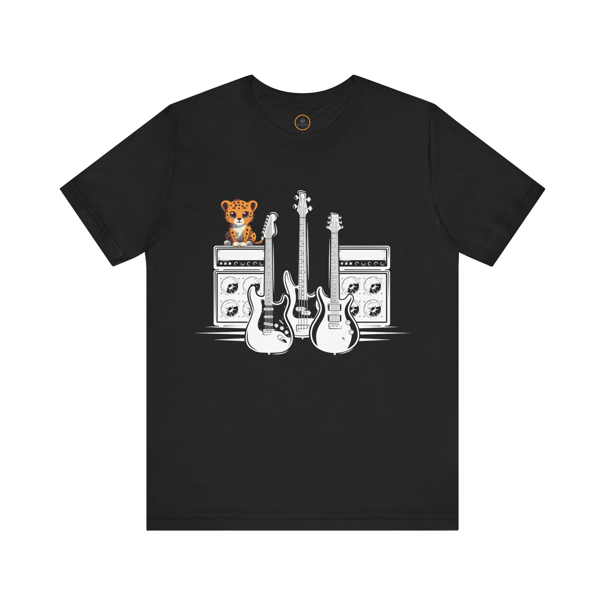 Cute baby leopard sitting on guitar amps with guitars - Riff Master music lover t-shirt design