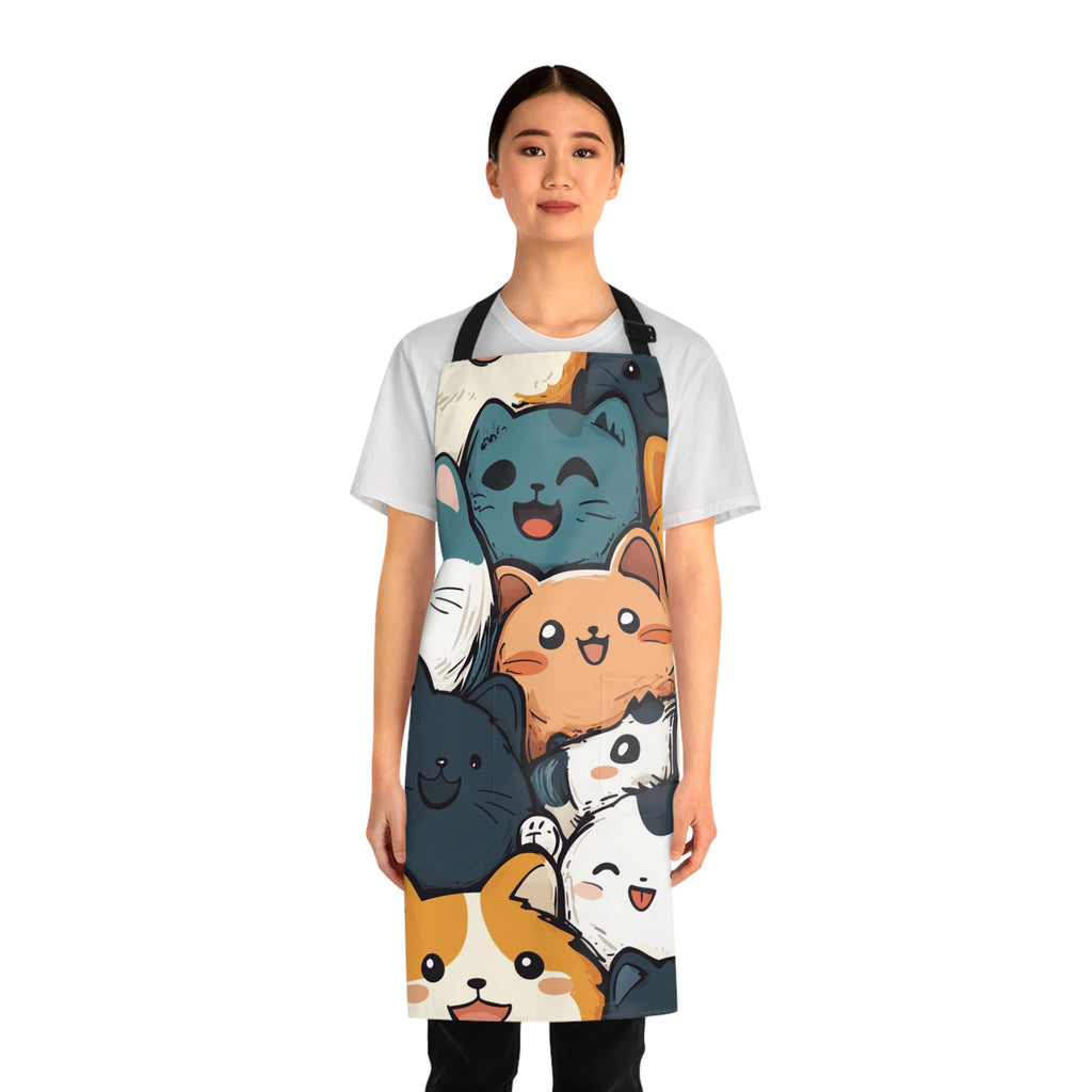 Woman wearing a colorful apron with cartoon cat designs