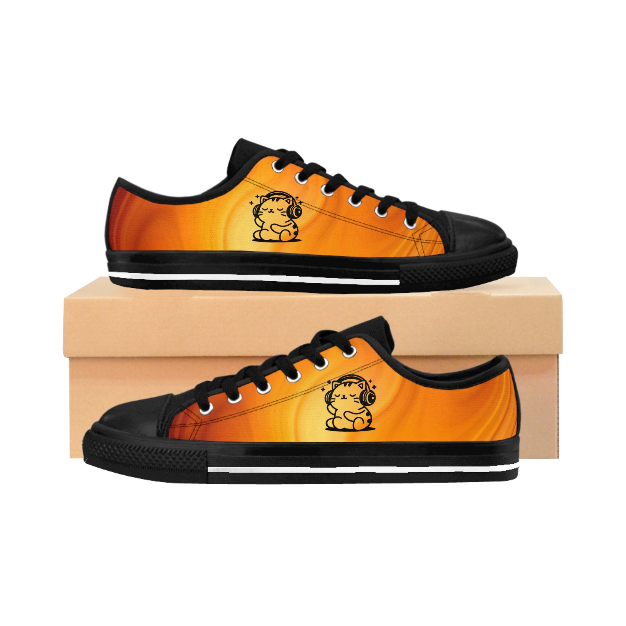 Sunburst Vibes women's sneakers: swirling orange all-over print, line art of cat with headphones.