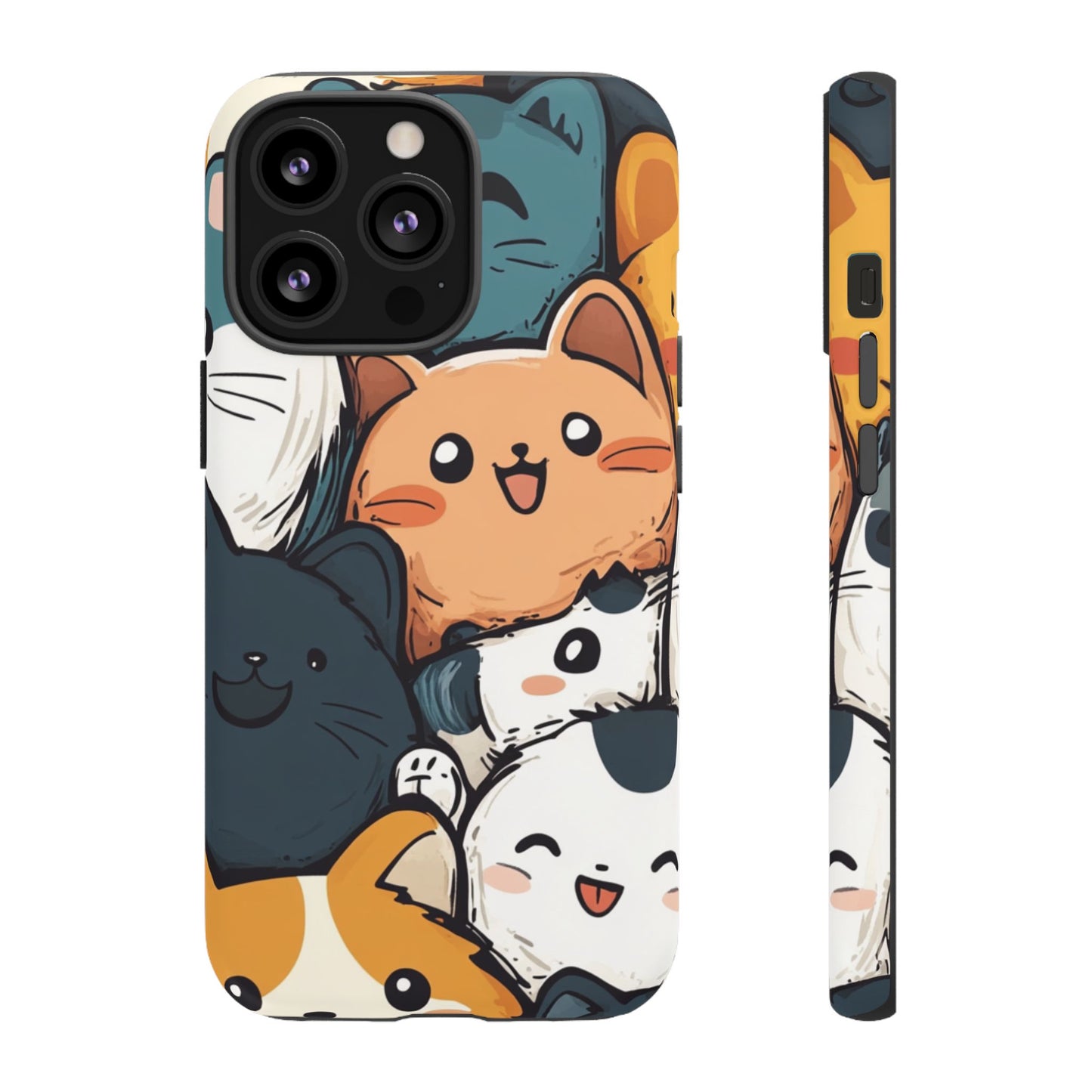 Multi-colored phone case with clustered, smiling Kawaii-style cat faces.