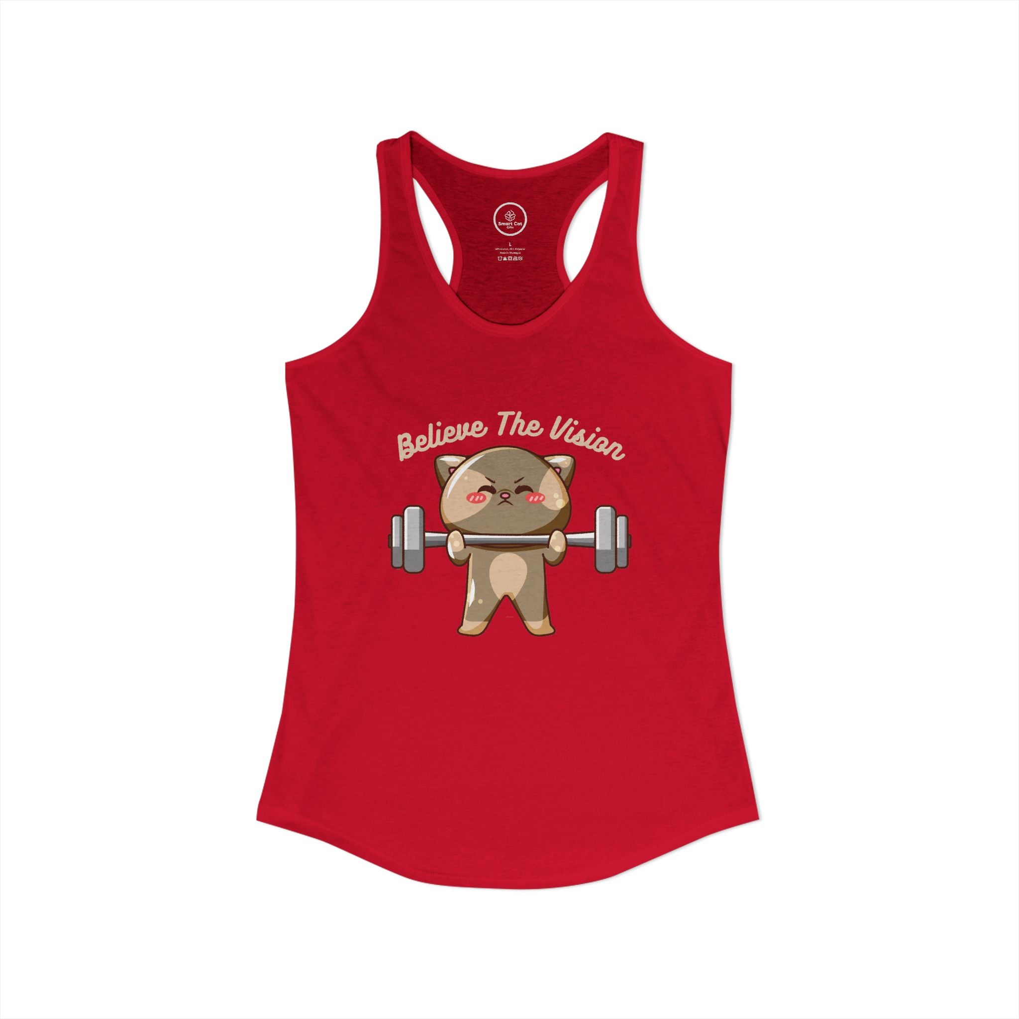 Believe the Vision red tank top: image of a cat lifting weights.