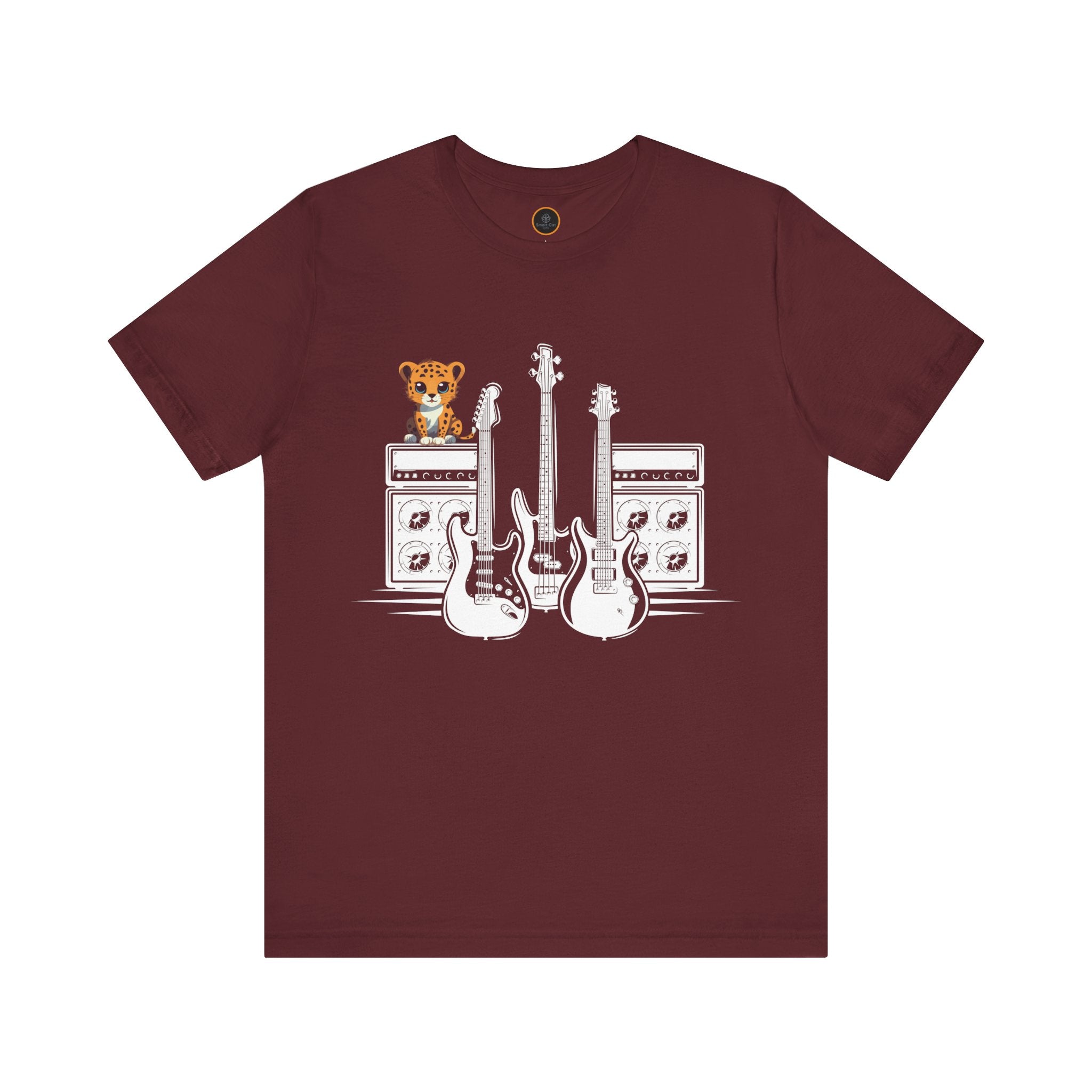 Cute baby leopard sitting on guitar amps with guitars - Riff Master music lover t-shirt design