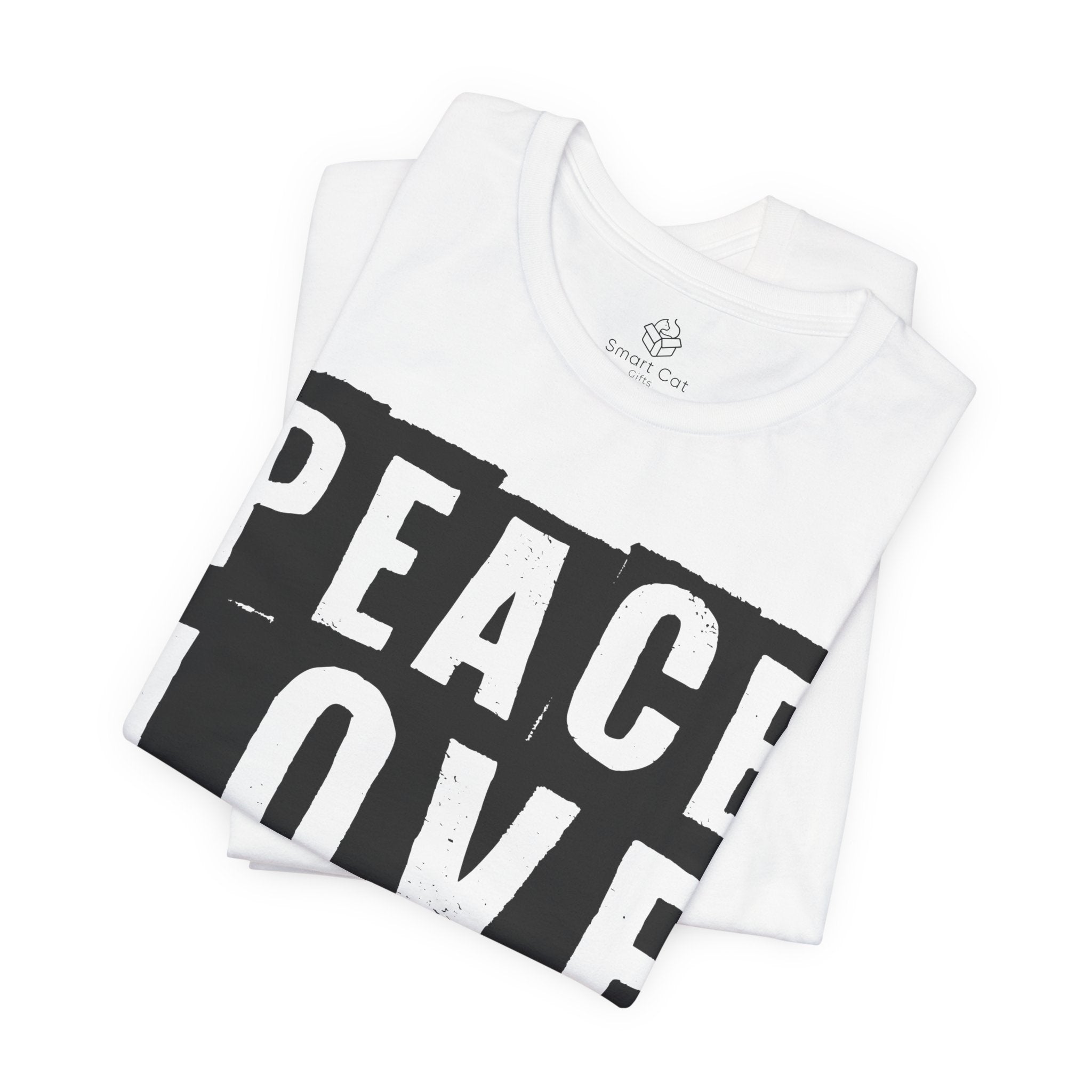 A white crew neck t-shirt with the text 'PEACE LOVE RESCUE' on it.