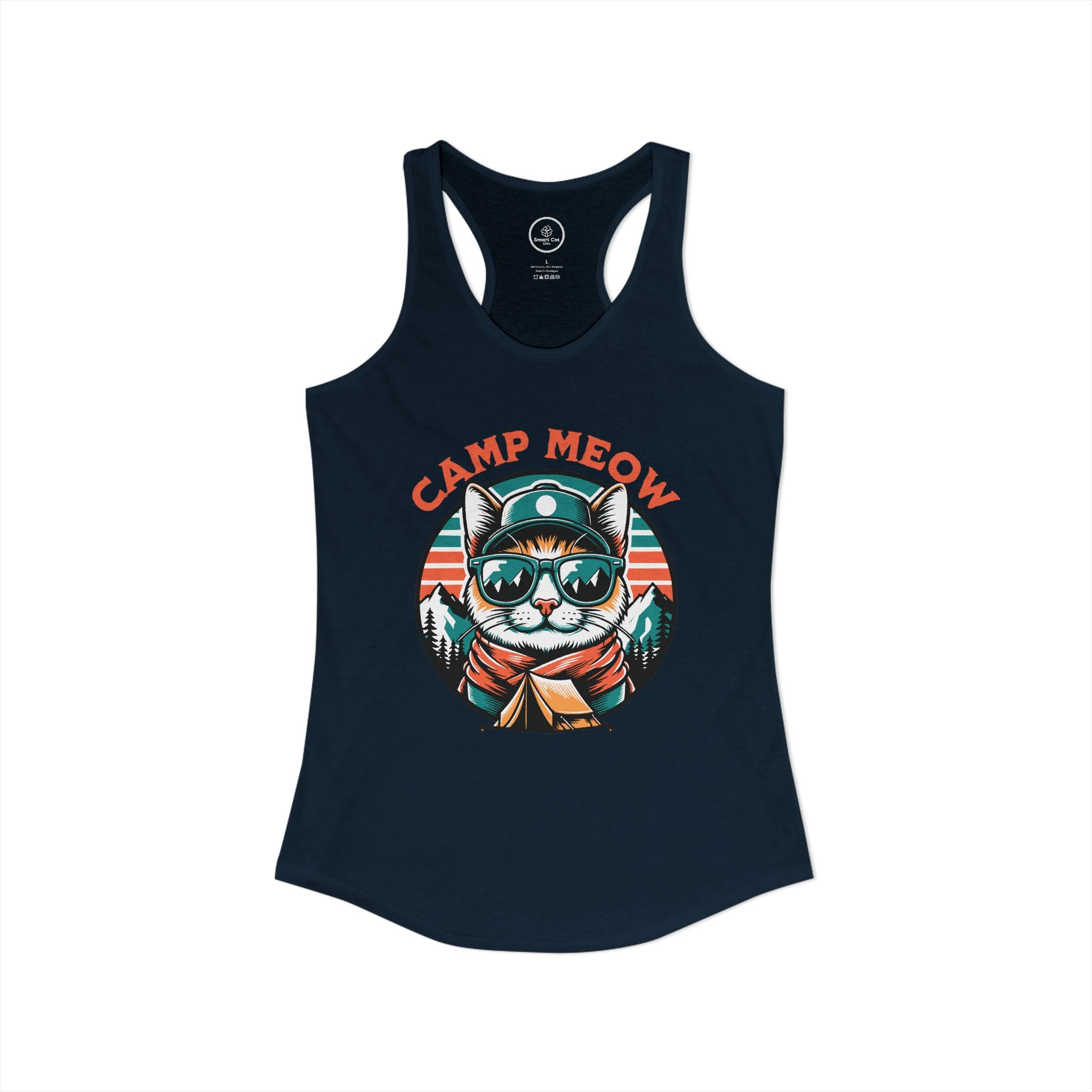 Navy tank top with a cat graphic and 'Camp Meow' text.