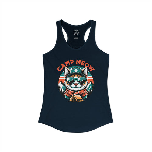 Navy tank top with a cat graphic and 'Camp Meow' text.