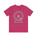 A pink t-shirt with a graphic of a cat in a clock-shaped hamster wheel.