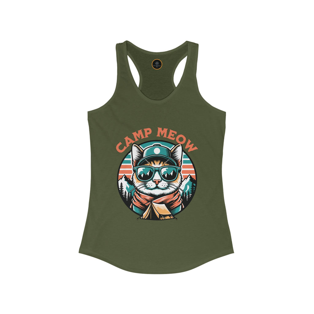 Military green Camp Meow Women's Racerback Tank Top: Retro illustration of a cat wearing sunglasses and a scout uniform, standing in front of a mountain landscape.