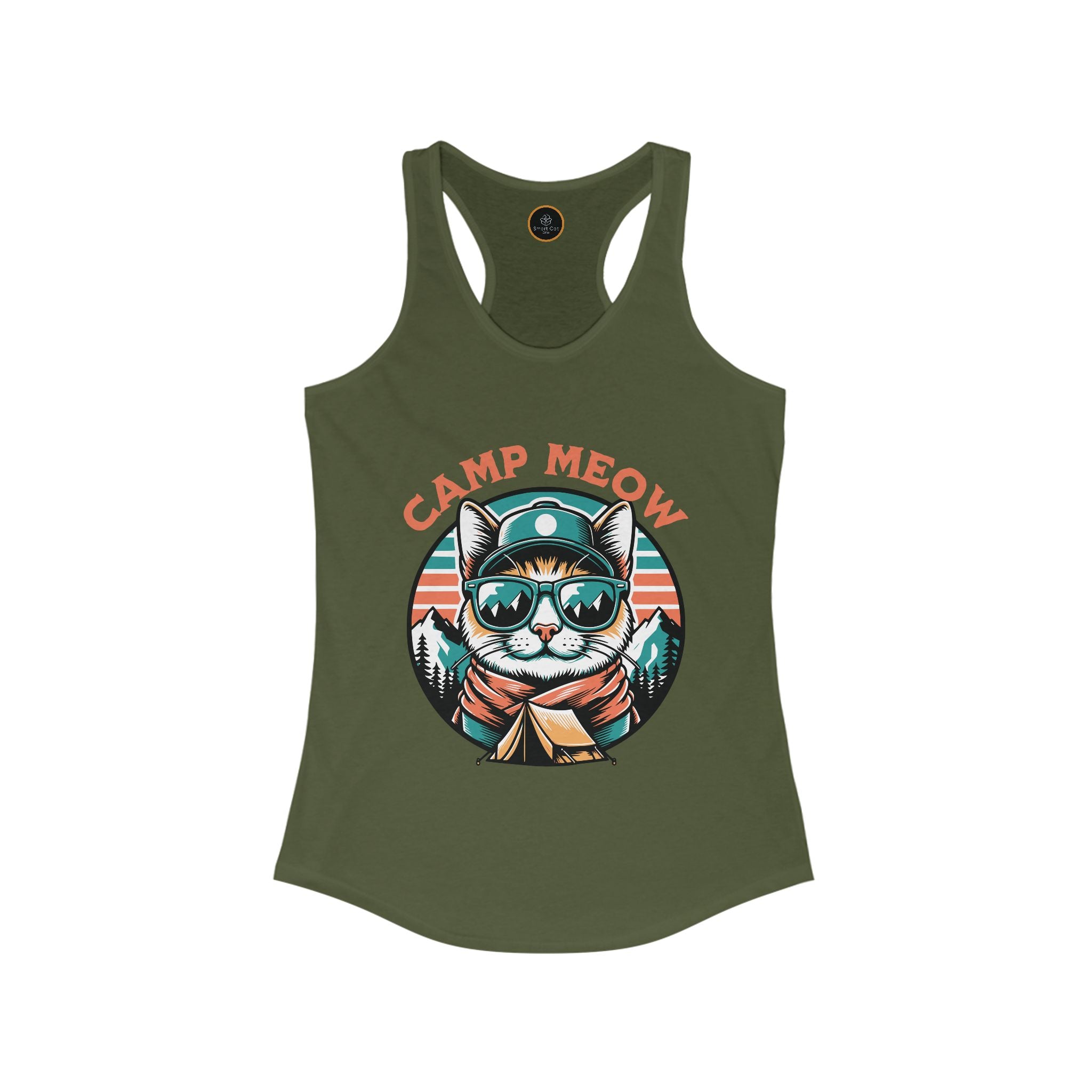 Military green Camp Meow Women's Racerback Tank Top: Retro illustration of a cat wearing sunglasses and a scout uniform, standing in front of a mountain landscape.