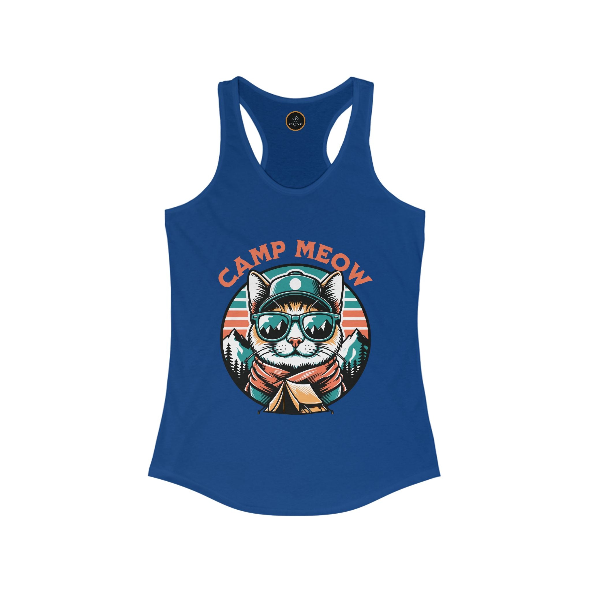 Royal blue Camp Meow Women's Racerback Tank Top: Retro illustration of a cat wearing sunglasses and a scout uniform, standing in front of a mountain landscape.