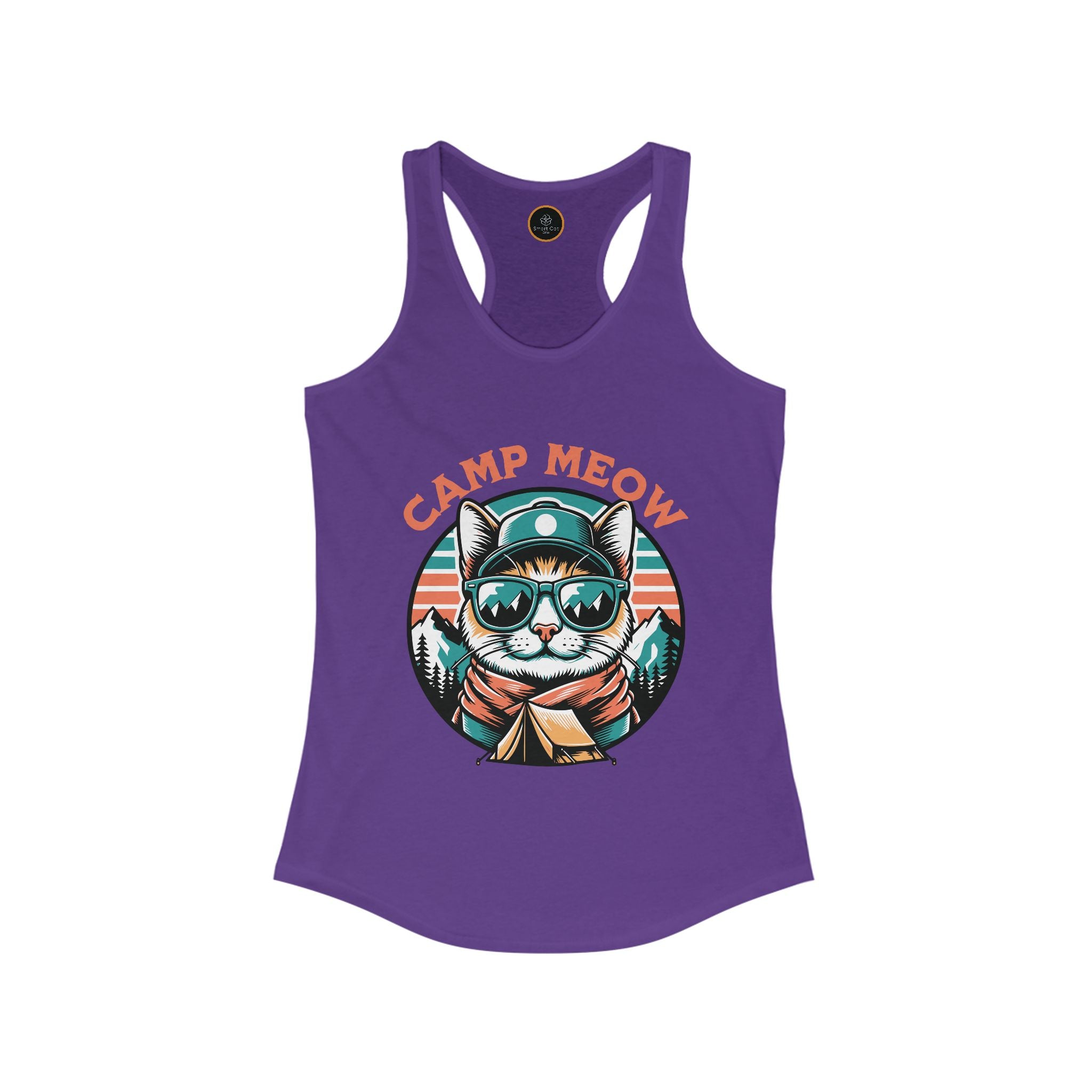 Purple Camp Meow Women's Racerback Tank Top: Retro illustration of a cat wearing sunglasses and a scout uniform, standing in front of a mountain landscape.