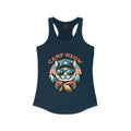 Midnight blue Camp Meow Women's Racerback Tank Top: Retro illustration of a cat wearing sunglasses and a scout uniform, standing in front of a mountain landscape.