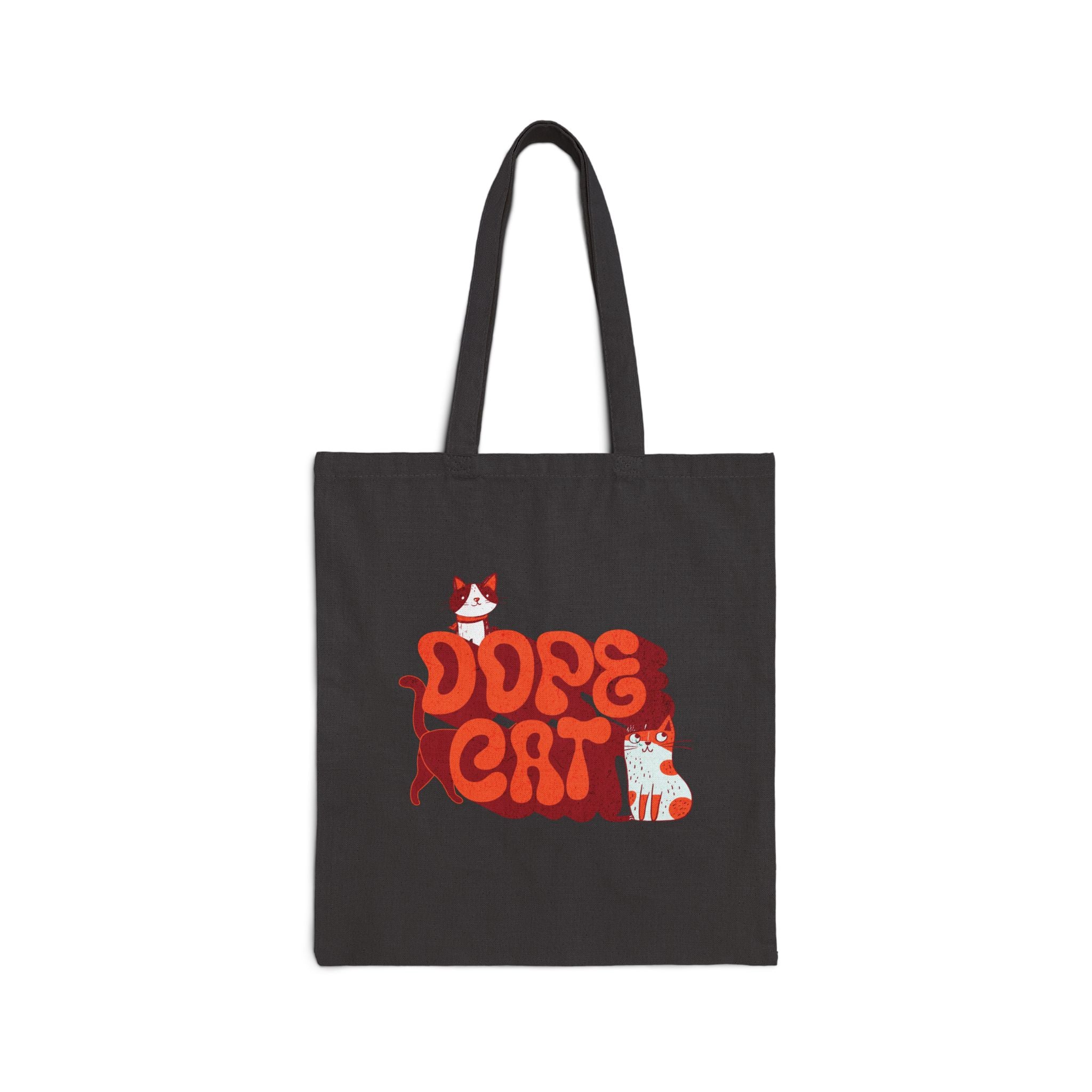 Black tote bag with red and orange 'Dope Cat' text and cat graphics 