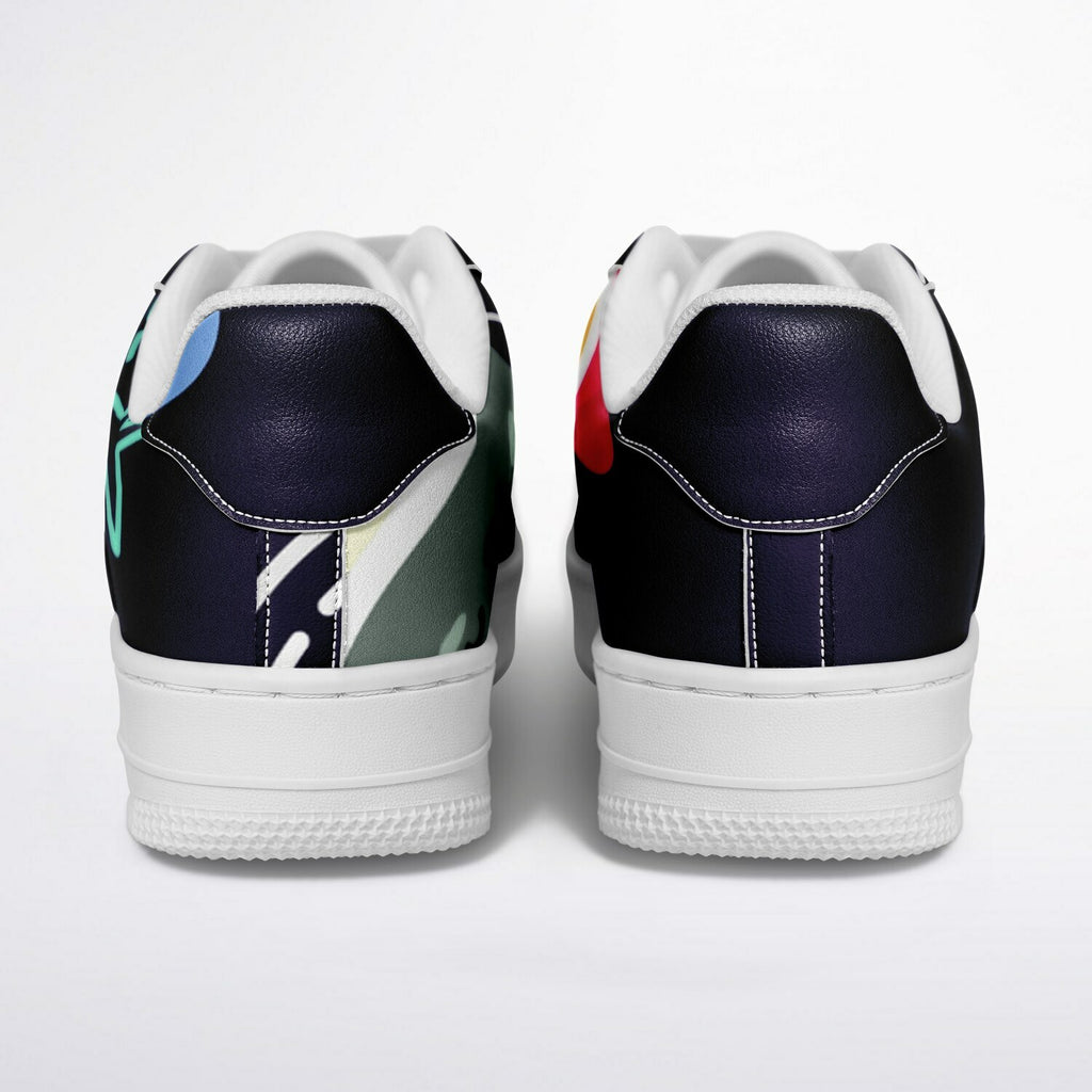 Astro Kitty sneakers: space scene with cat in helmet, stars, and moon, on blue shoes.
