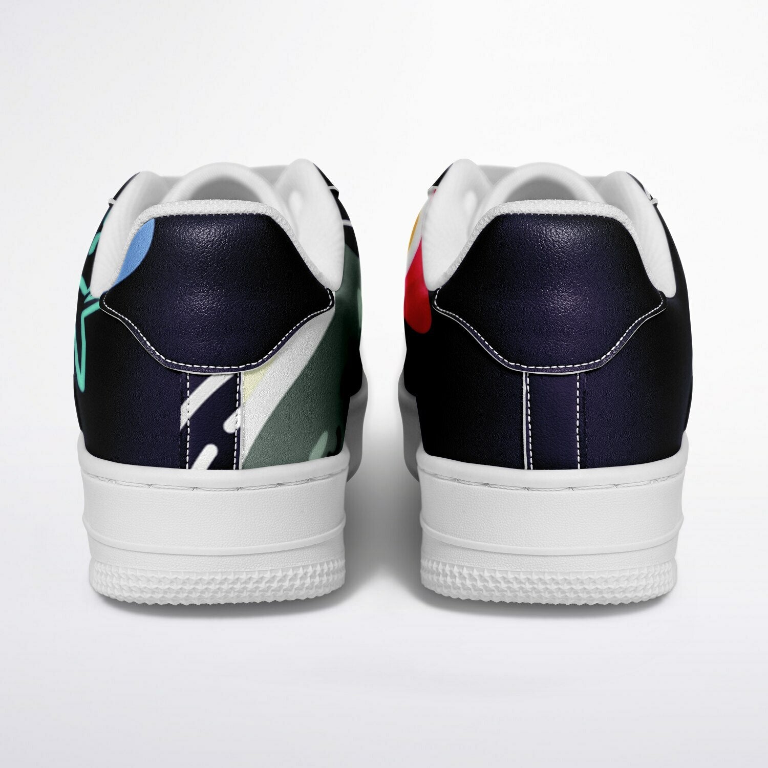 Astro Kitty sneakers: space scene with cat in helmet, stars, and moon, on blue shoes.