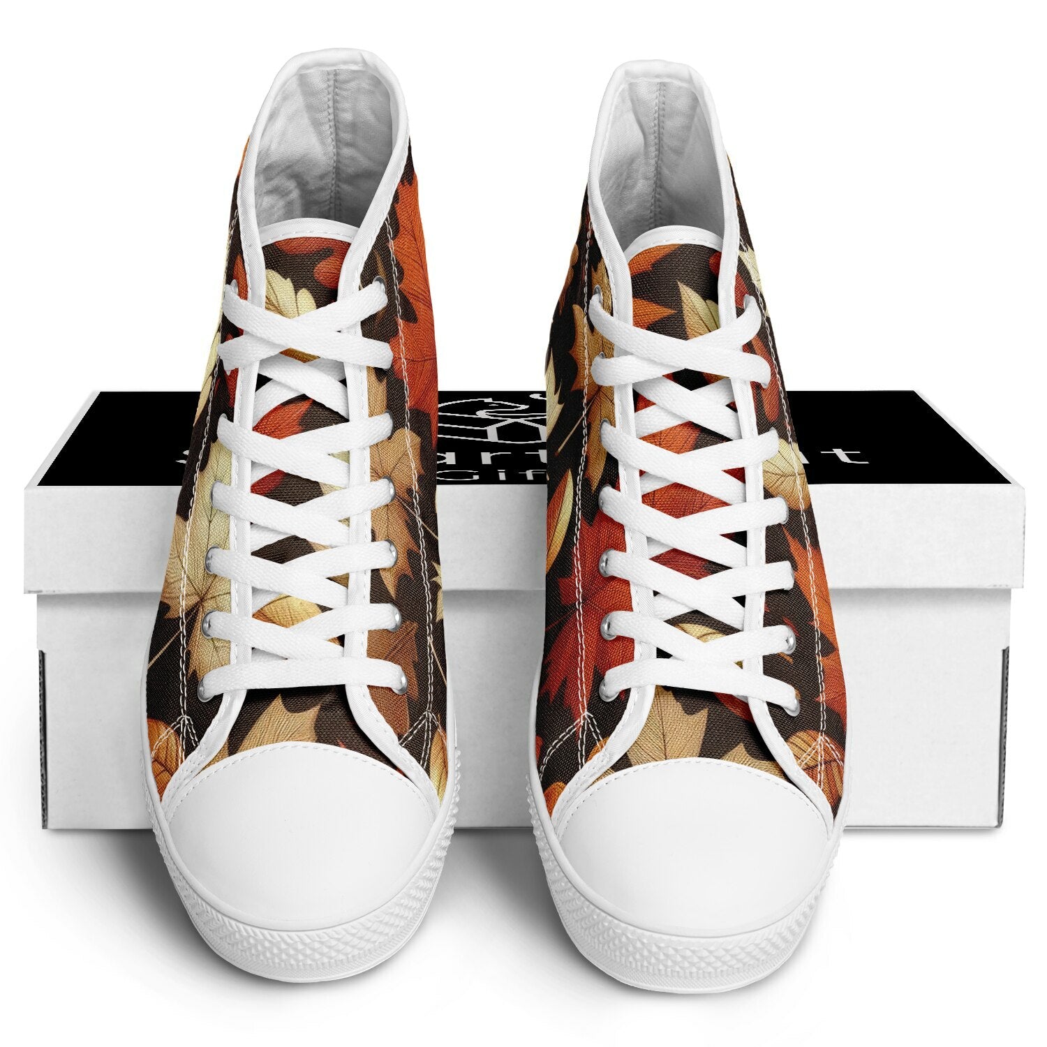 High top shoes with autumn leaf all-over pattern and sitting cat graphic on the side.