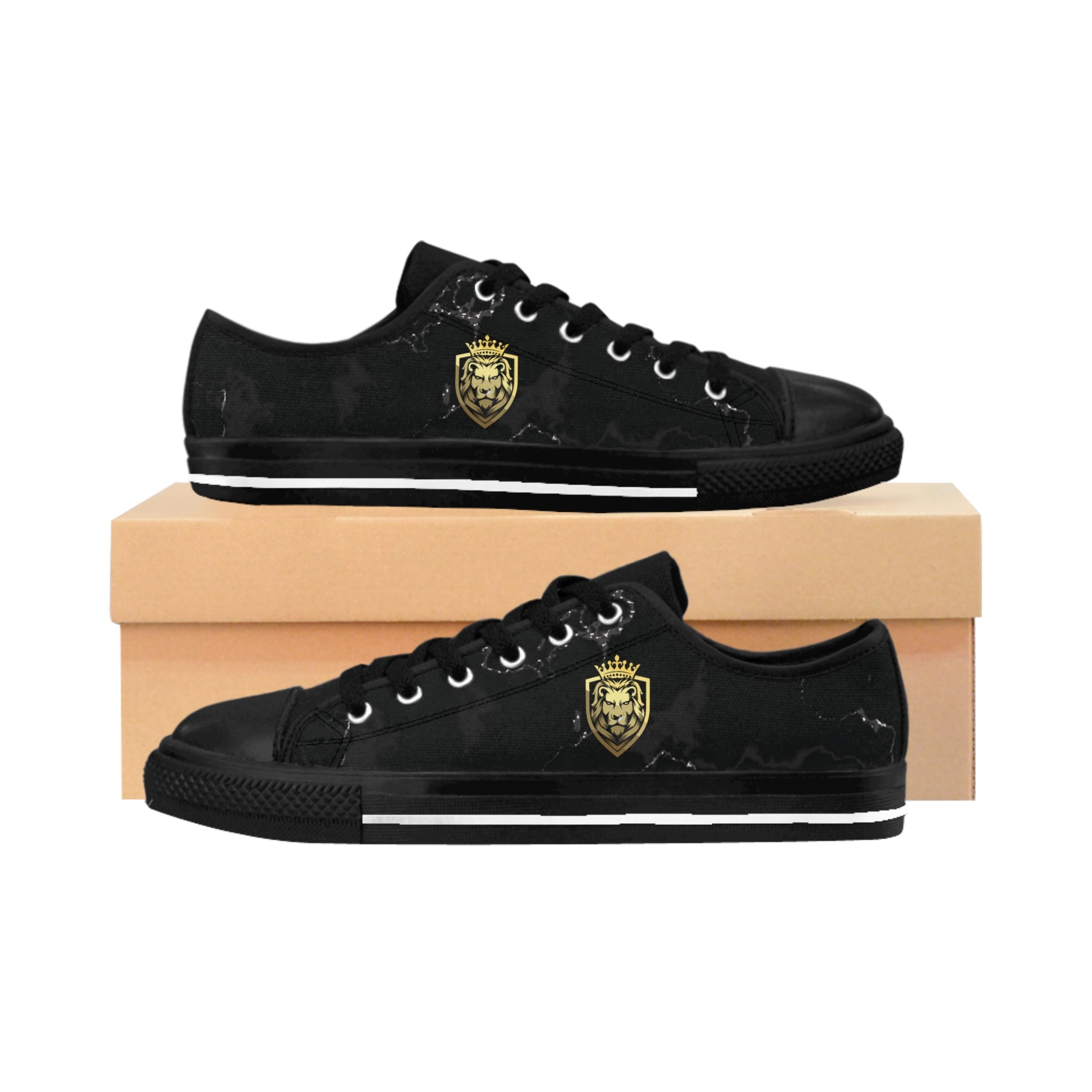 Majestic Paw men's sneakers, black low top, gold lion and crown emblem on the side.