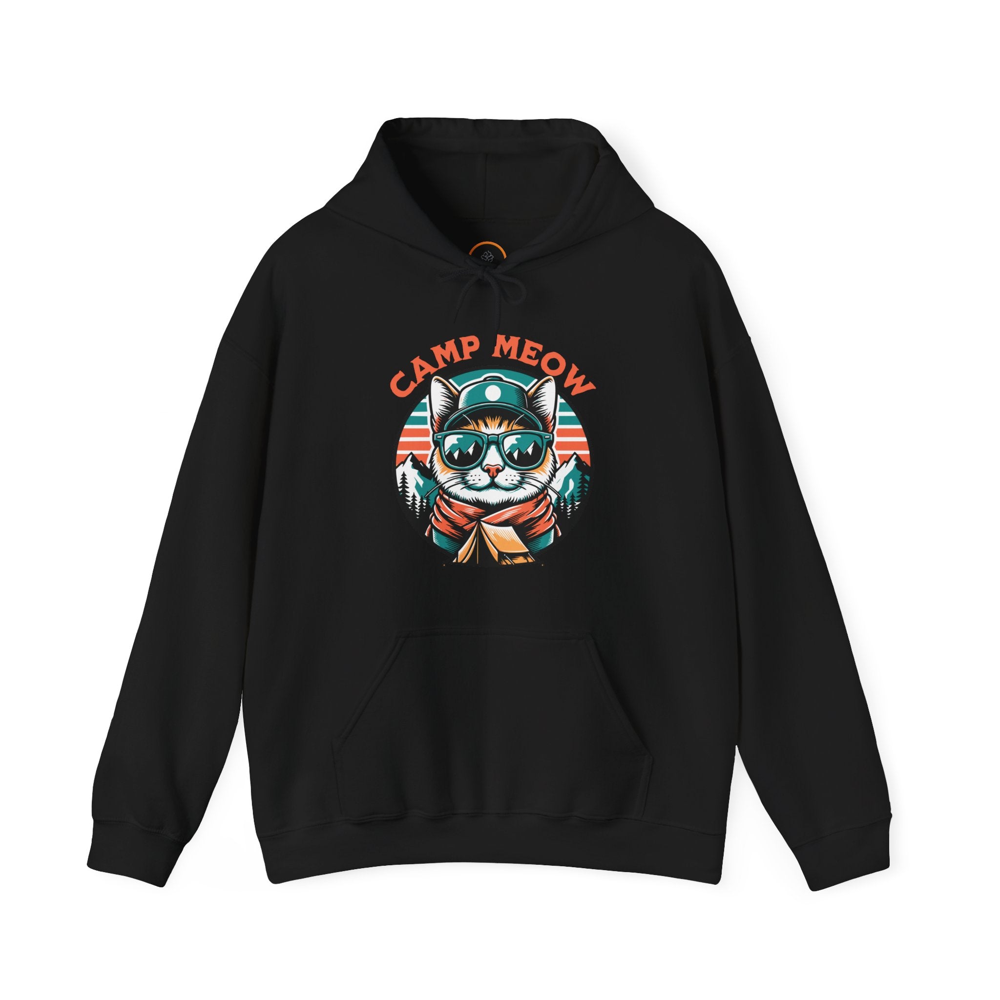 Camp Meow Black Hoodie: Retro illustration of a cat wearing sunglasses and a scout uniform, standing in front of a mountain landscape.