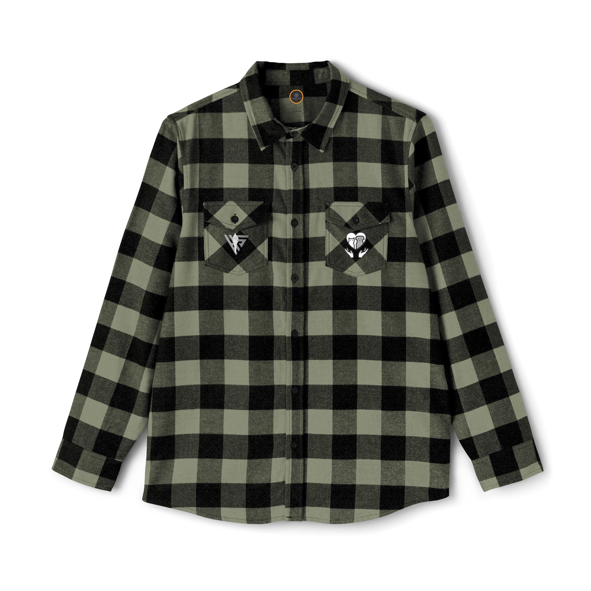 Front view of the 'Peace, Love, Rescue' Flannel Shirt. Left pocket features a graphic of a heart with two hands holding a cat and a dog. The right pocket features a peace sign.