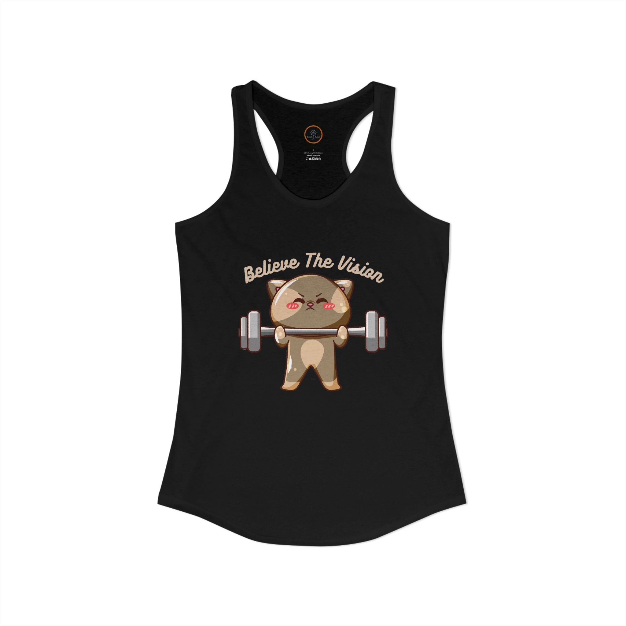 Believe the Vision black tank top: image of a cat lifting weights.