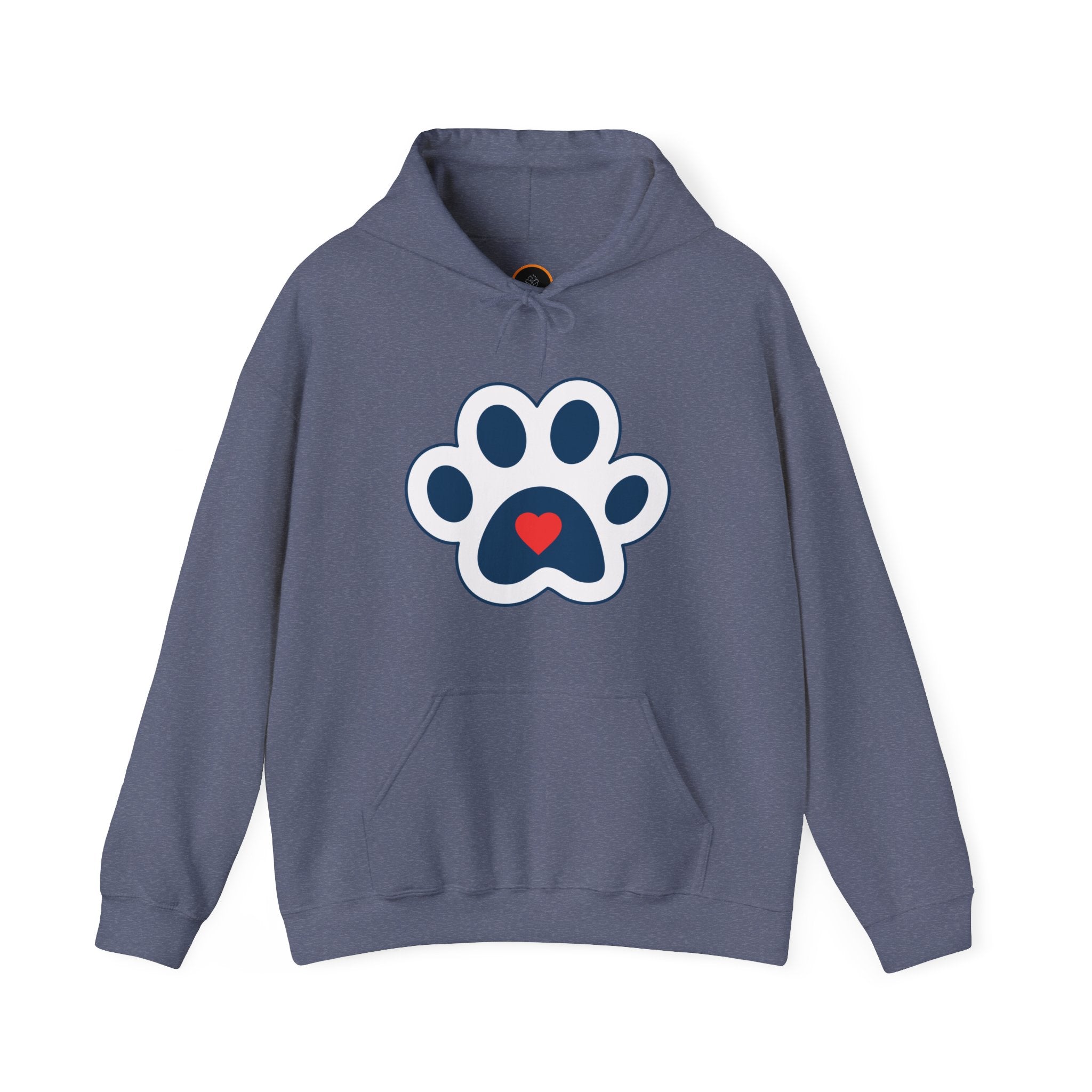  Heart In Paw hoodie: Blue and white cat paw graphic with a red heart in the center.