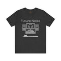 A dark gray crew neck t-shirt with 'Future Noise' text and a graphic of a cat and some music studio equipment.