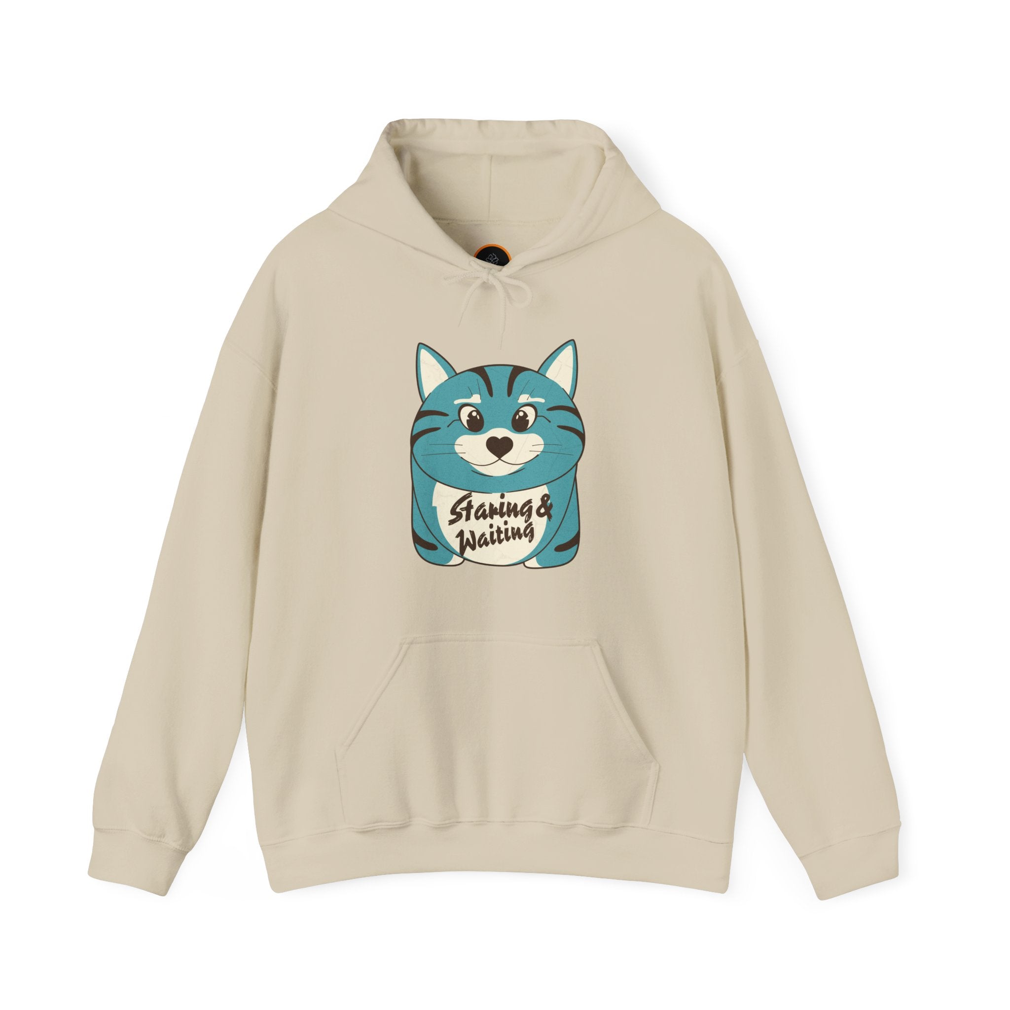 Beige "Staring and Waiting" Hoodie: Features a cartoon graphic of a wide-eyed cat on the front, with the text "staring and waiting" written across its belly.