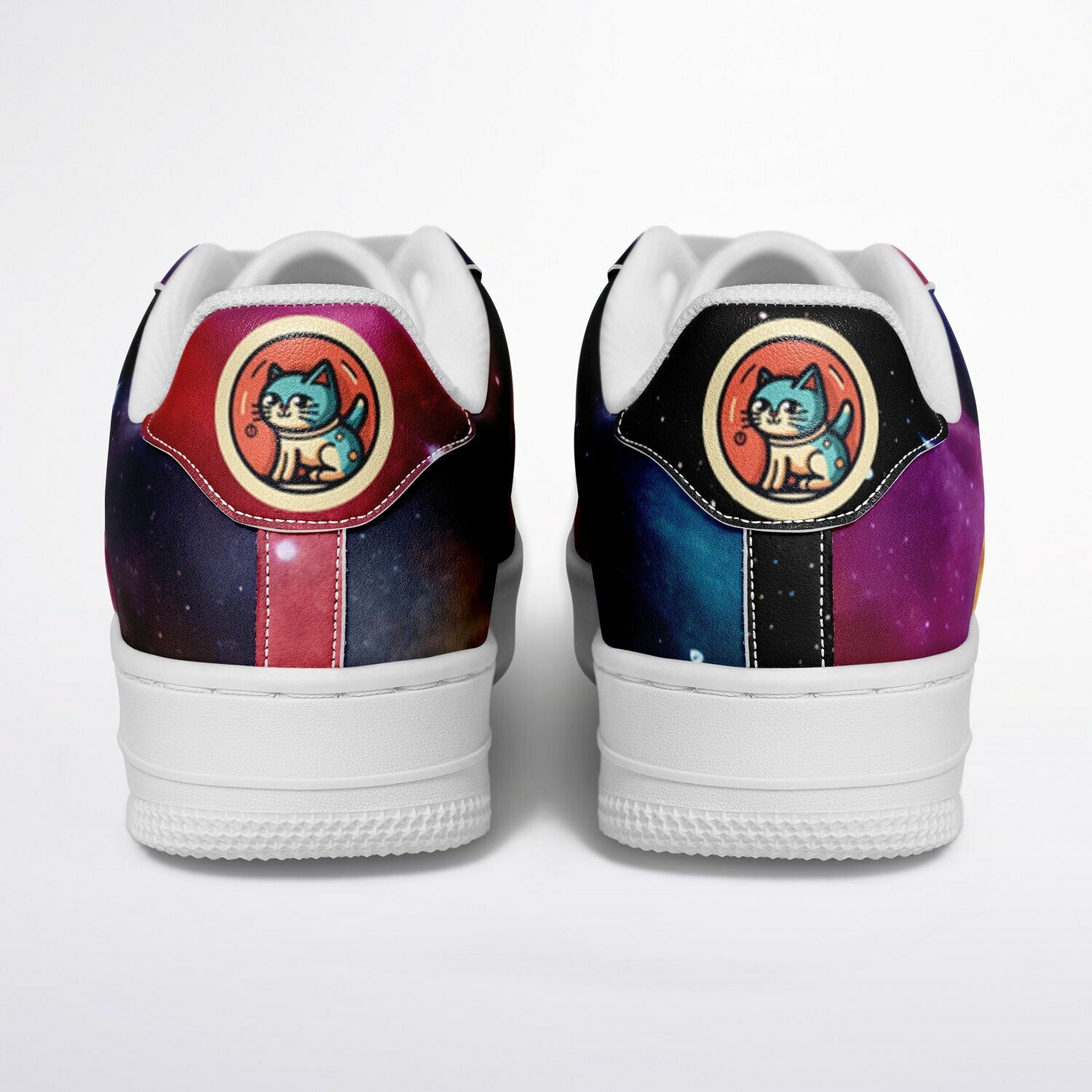 Back view of Stellar Sidekick low top sneakers: cat emblem in glass ball above heel, colorful nebula all-over print.