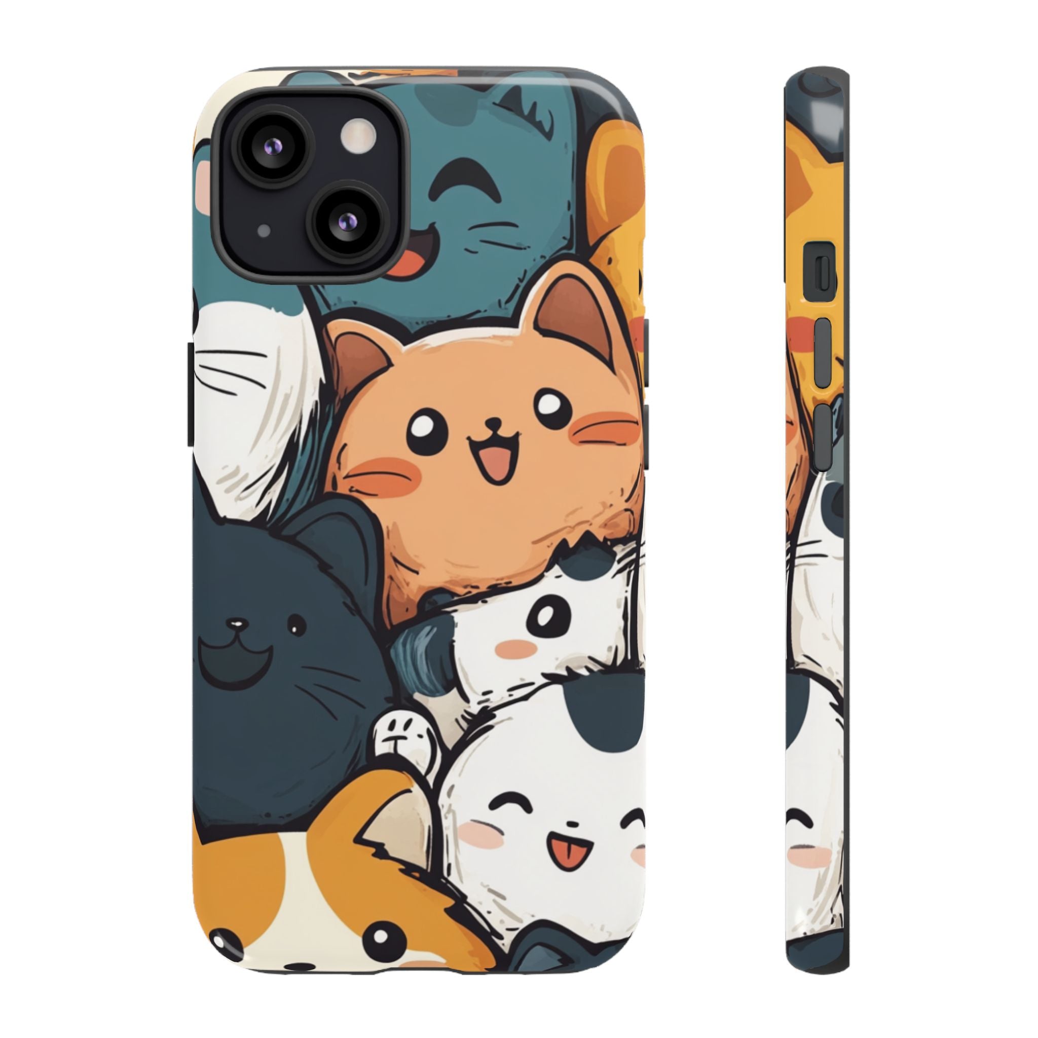 Multi-colored phone case with clustered, smiling Kawaii-style cat faces.