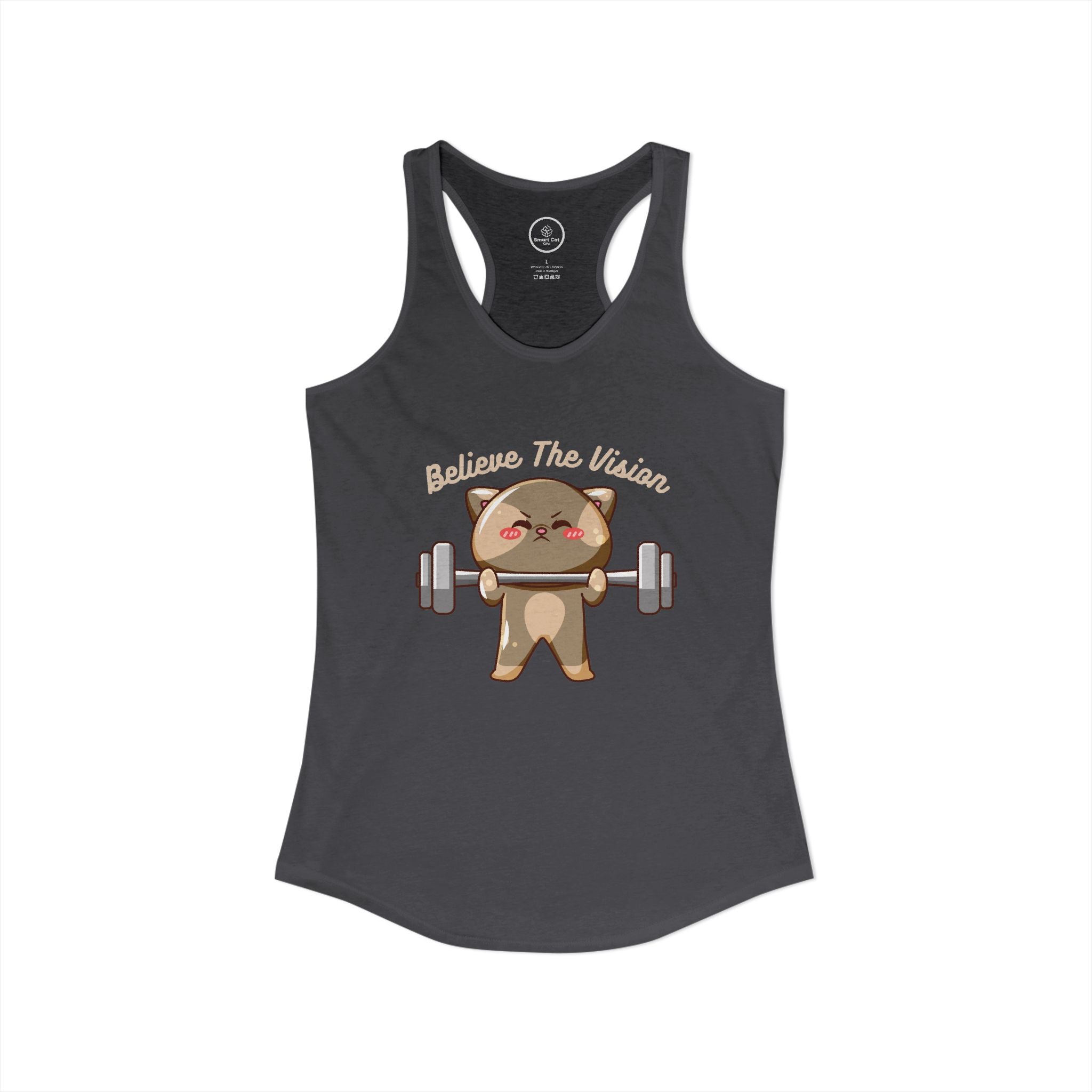 Believe the Vision gray tank top: image of a cat lifting weights. 