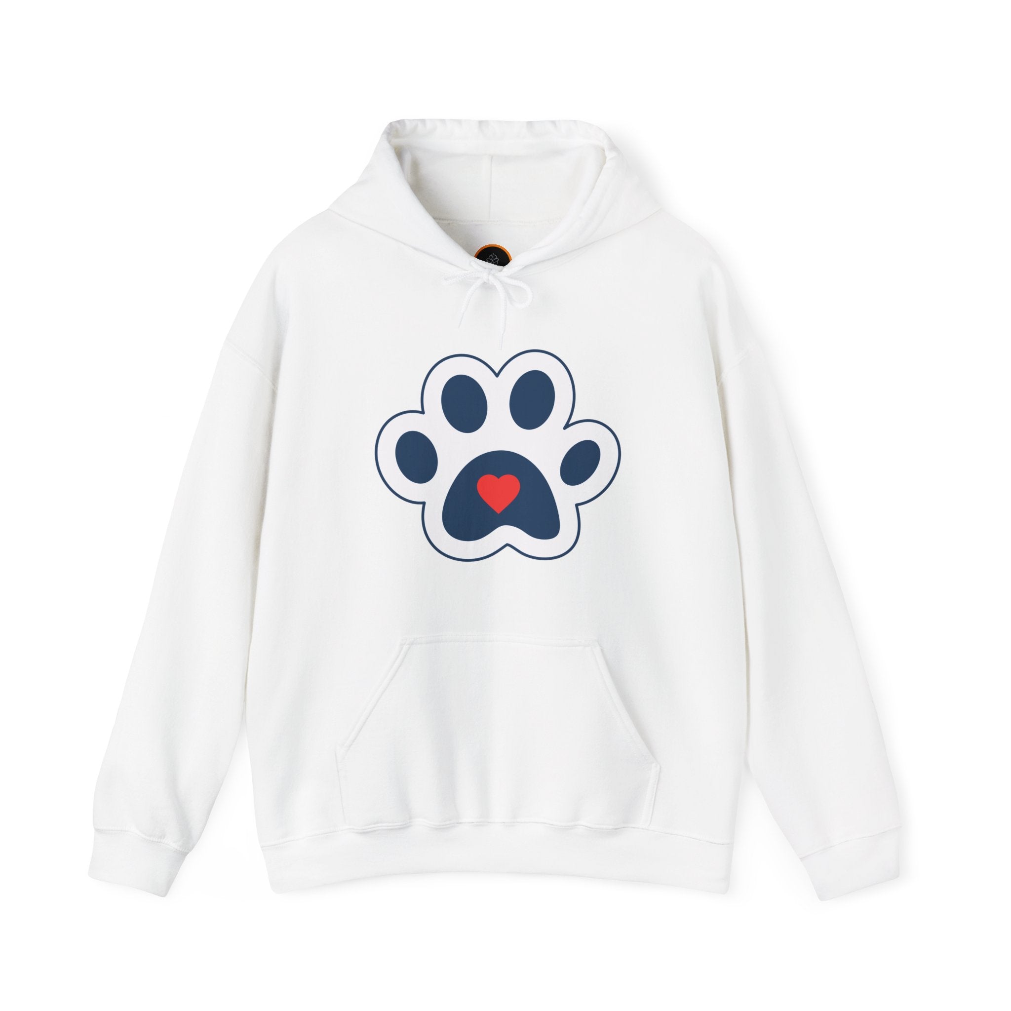  Heart In Paw hoodie: Blue and white cat paw graphic with a red heart in the center.
