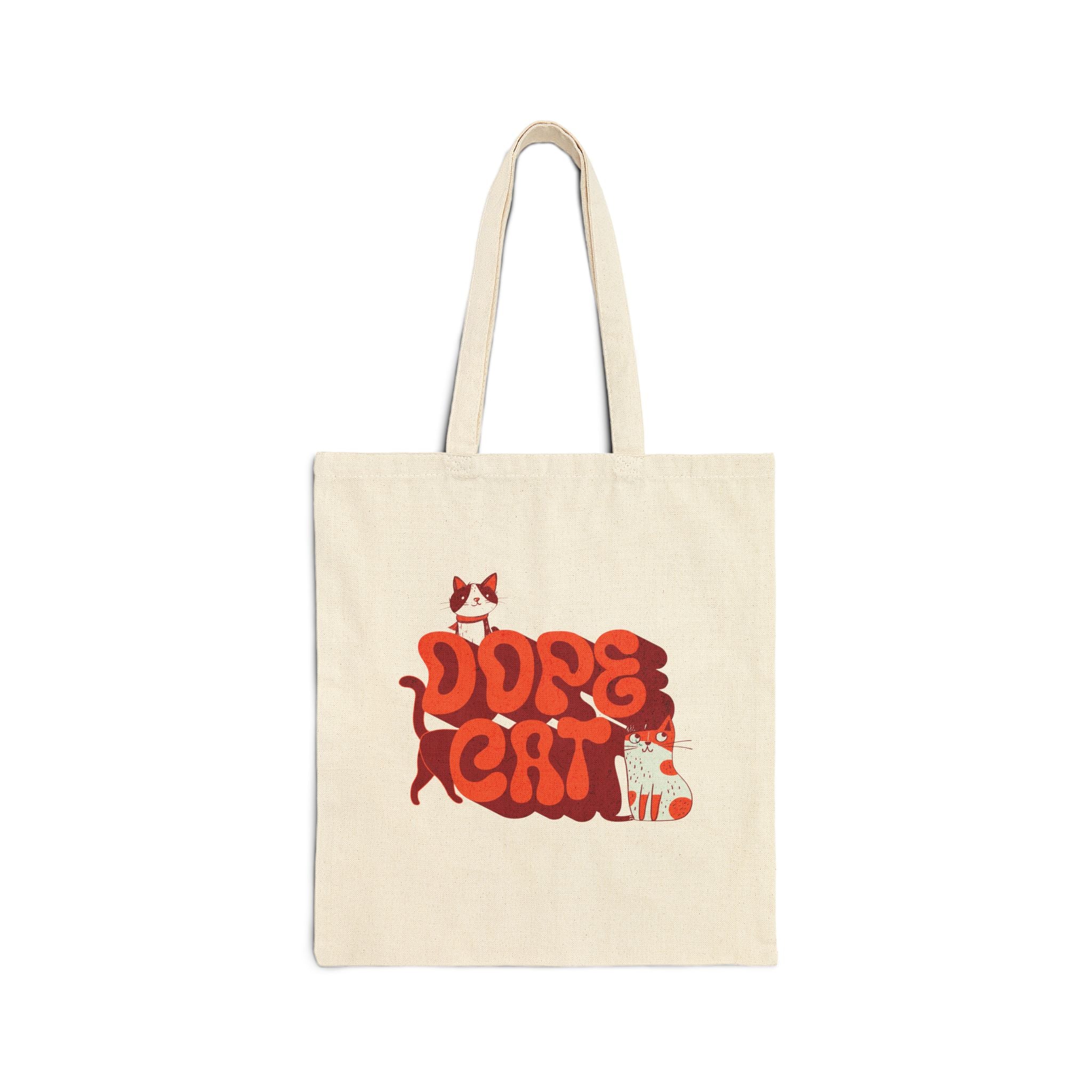 Beige tote bag with red and white 'Dope Cat' text and cat graphics
