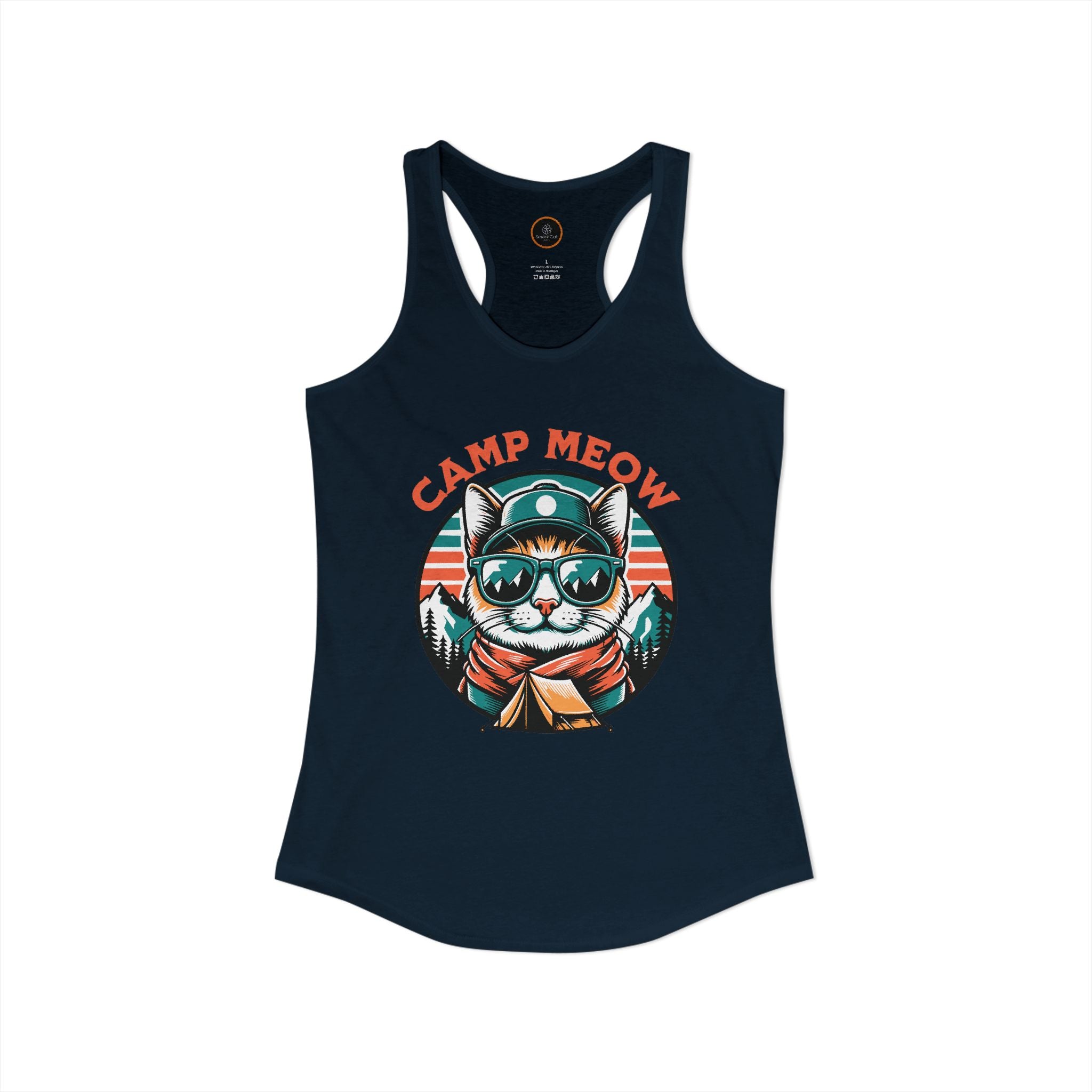 Navy blue Camp Meow Racerback Tank — retro cat in sunglasses and scout uniform, mountain landscape behind.