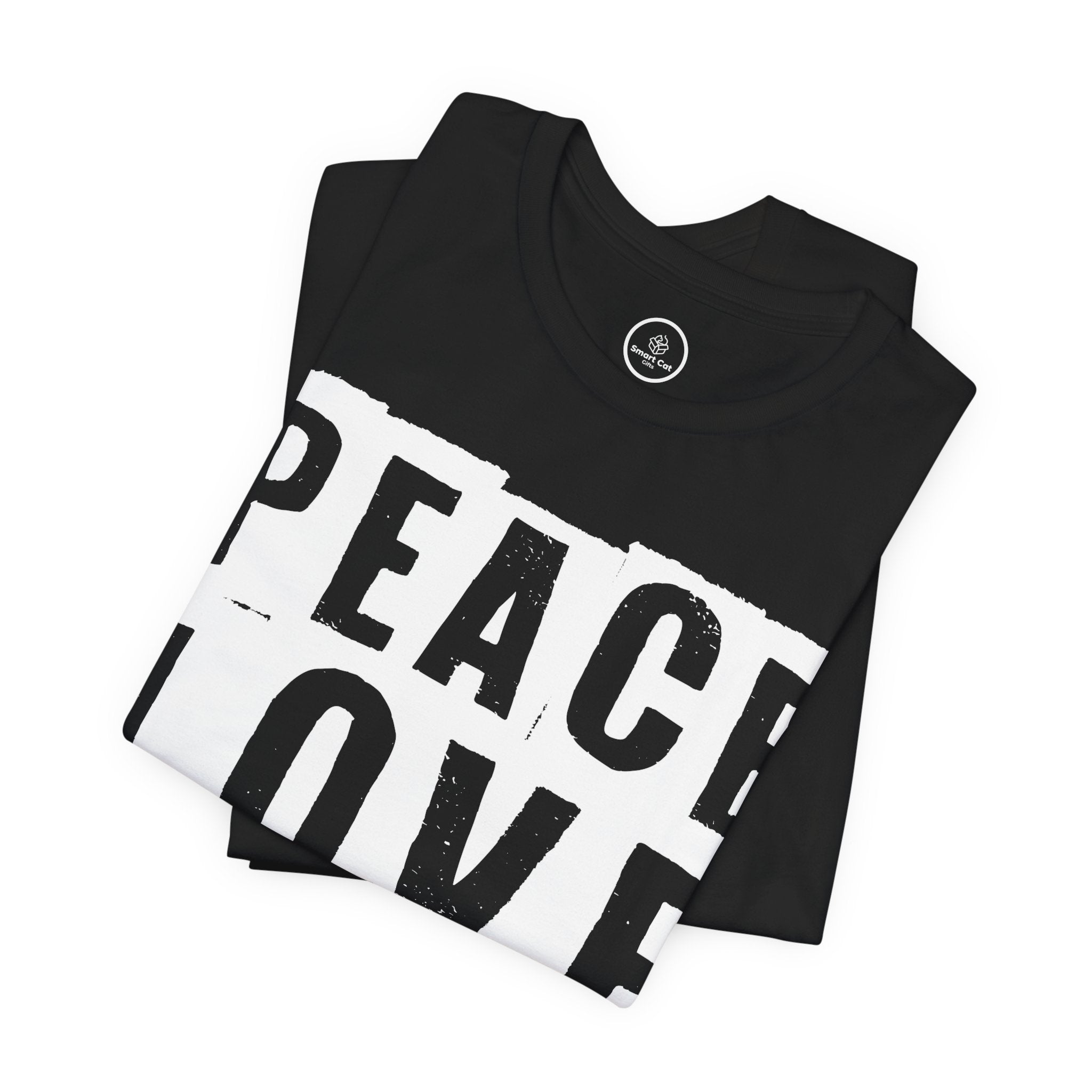 Black t-shirt, folded front view, partial white "Peace Love" graphic visible