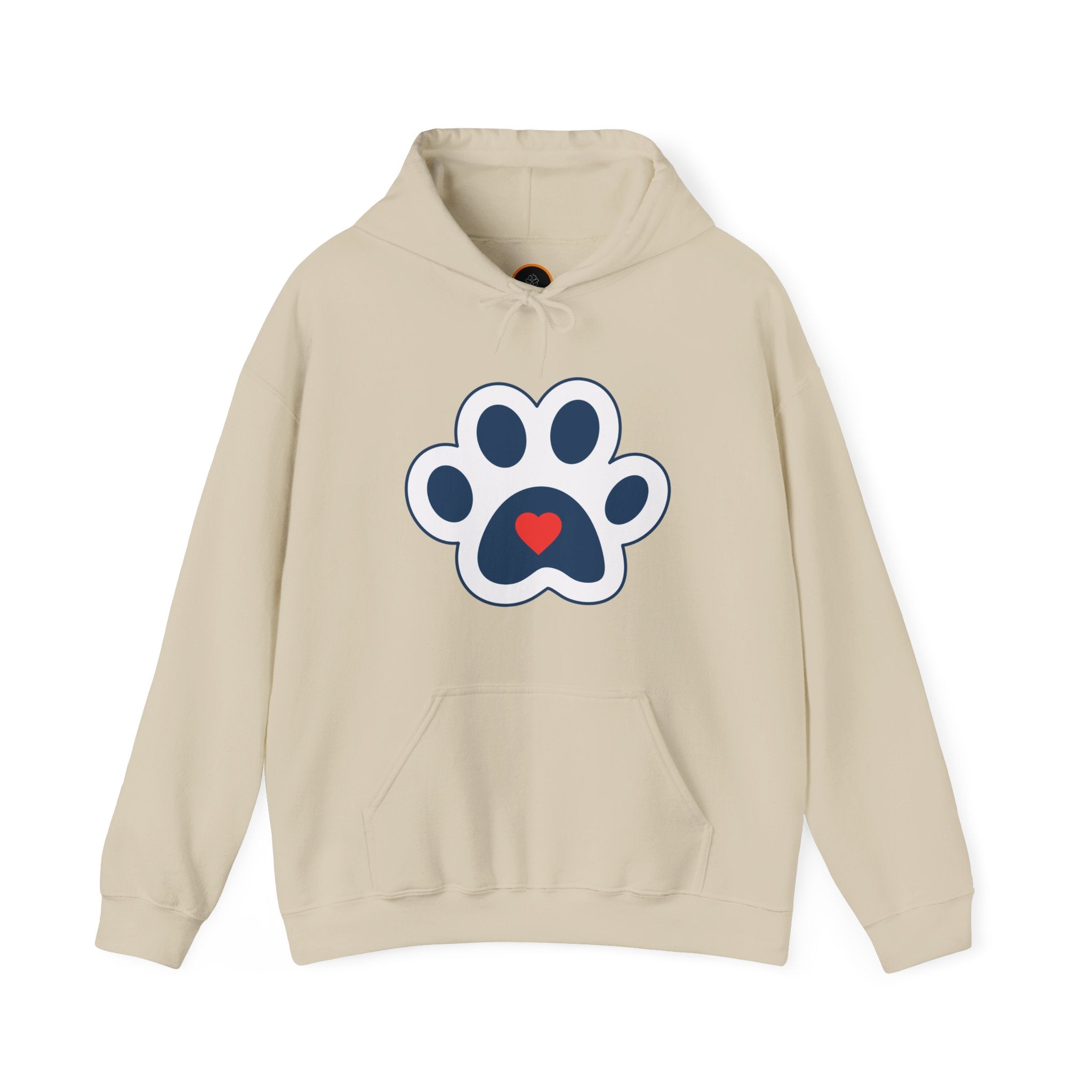  Heart In Paw hoodie: Blue and white cat paw graphic with a red heart in the center.